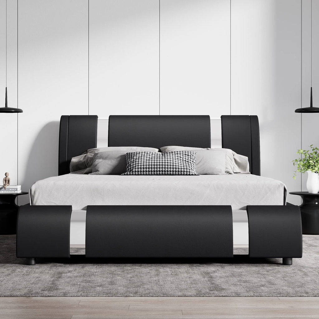 SHA CERLIN Modern Faux Leather Queen Bed Frame with Adjustable Headboard and Iron Accents, Deluxe Upholstered Platform Bed with Solid Wooden Slats Support/No Box Spring Needed, Black