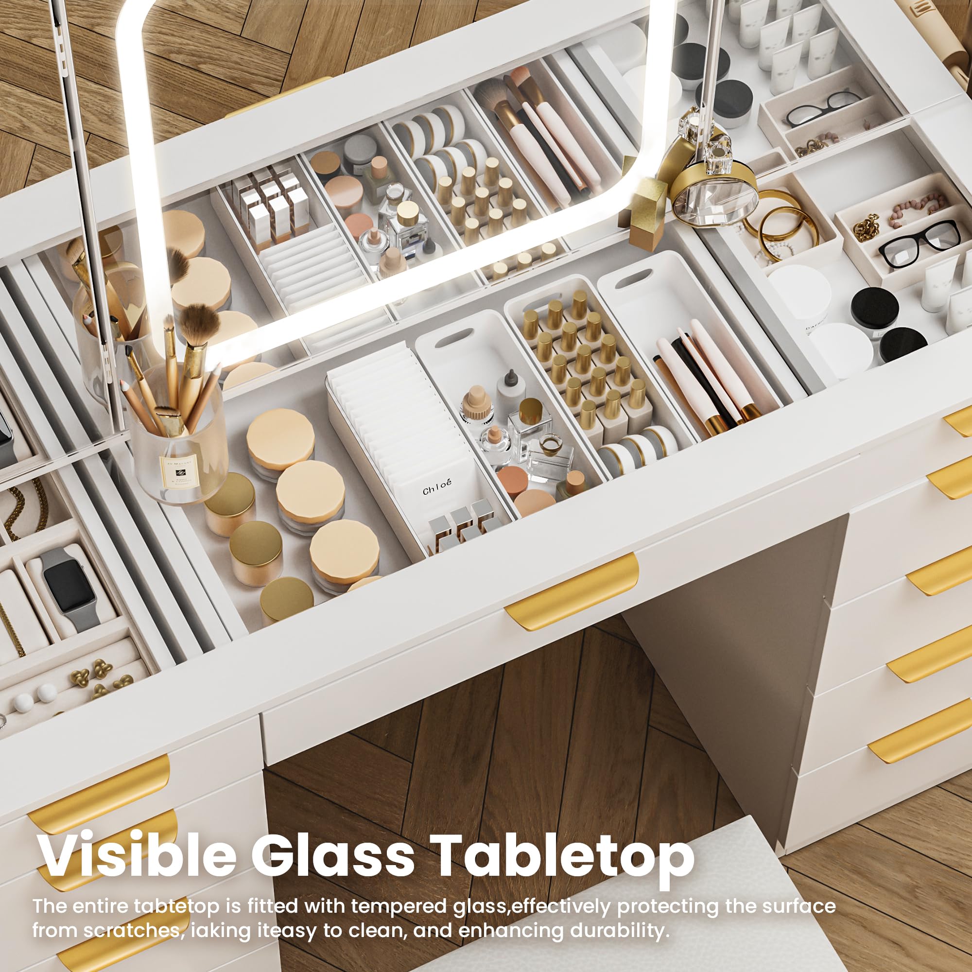 Pamapic Glass Top Makeup Vanity Desk with Foldable Mirror and Lights, 11 Drawers Vanity with Chair and Power Outlet, 3 Lighting Modes Makeup Table, Golden Handles, White