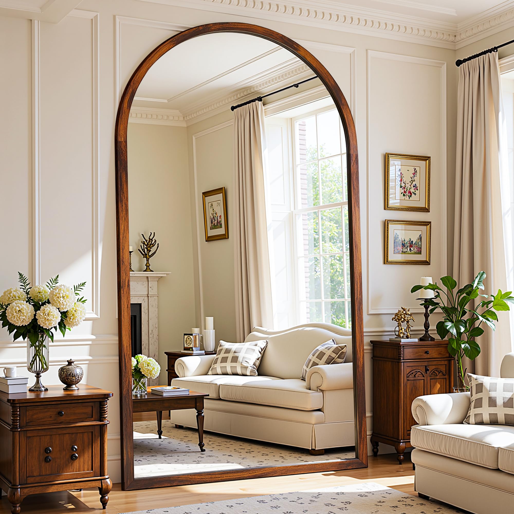 Full Length Mirror 82"×44" Floor Mirror Standing Tall Mirror, Arched Stand up Large Wall Mirrors, Freestanding Full Body Mirrors for Bedroom Living Room Wood Antique Style Walnut