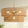 23.6" Boho Rattan Chandelier, 6-Light Large Rattan Pendant Light with 2-Tier Wicker Shade, Bohemian Farmhouse Ceiling Light Fixture Chandelier for Dining Room, Living Room, Bedroom, Kitchen Island