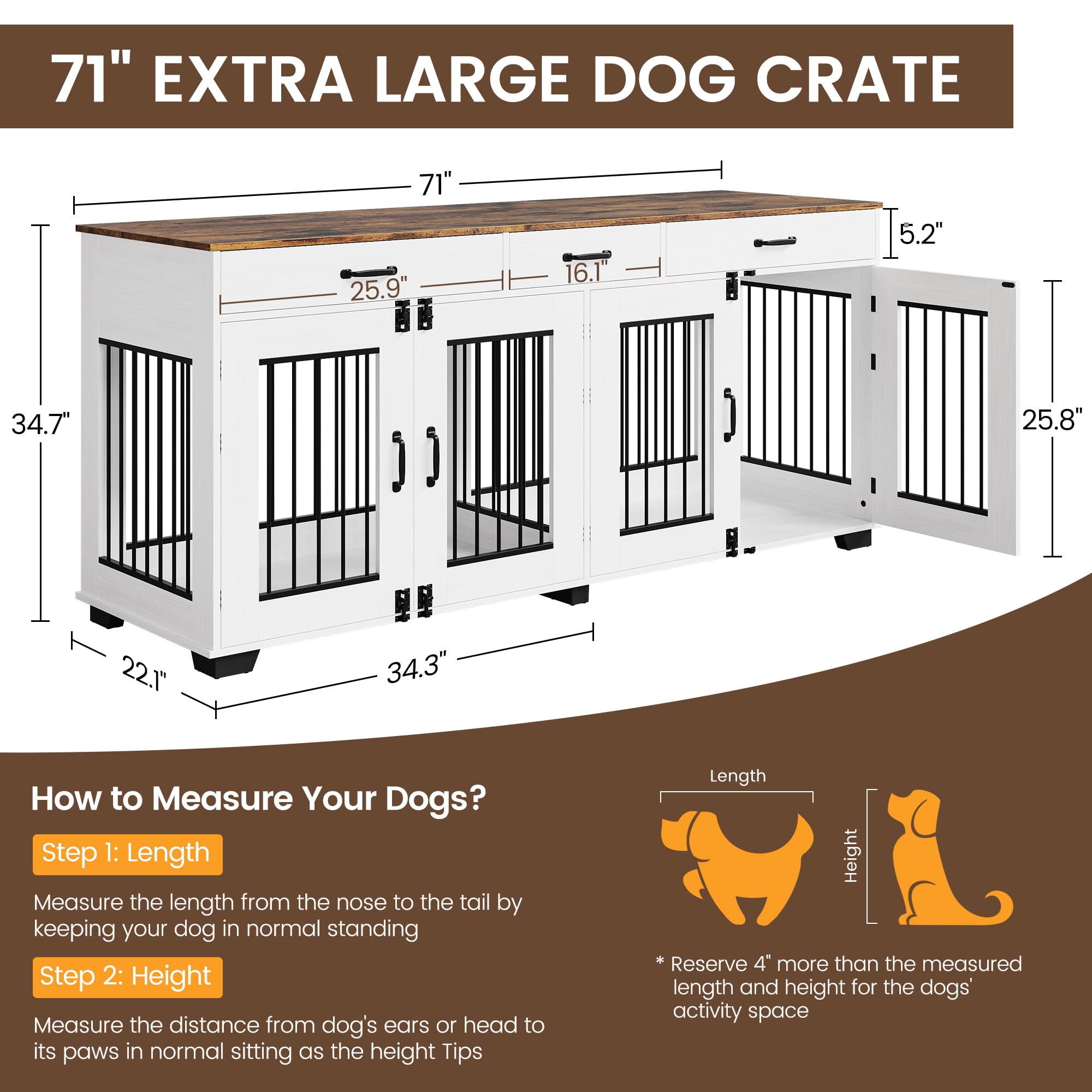 Garvee 71 in Large Dog Crate Furniture for 2 Dogs with 3 Drawers, Heavy Duty Double Indoor Dog Kennel and TV Stand for Medium Large Dogs, Brown & White