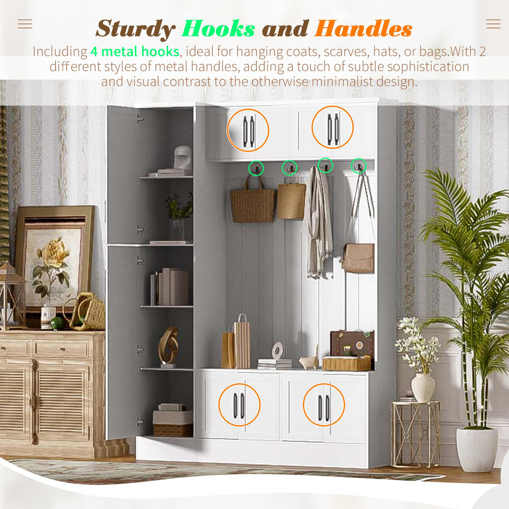 Amposei 79’’ Tall Hall Tree with Storage Bench & Coat Rack Modern Entryway Organizer Cabinet with Doors, Hooks & Adjustable Shelf for Hallway Living Room Furniture, White