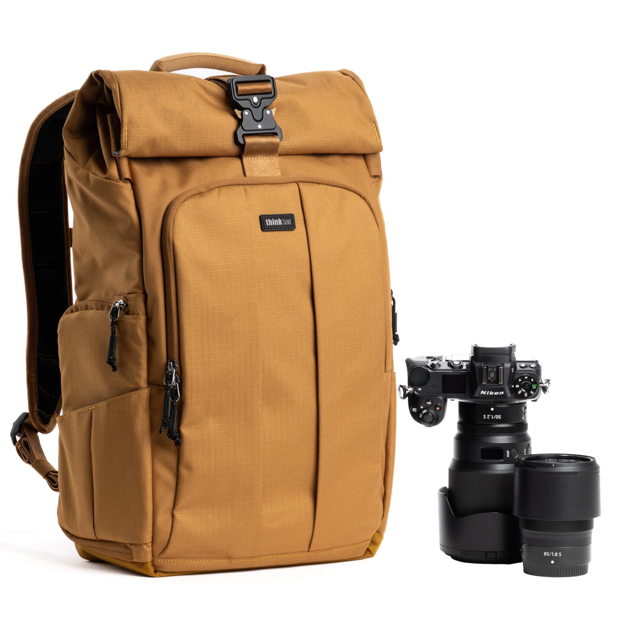 Think Tank FocusPoint 30L RollTop Camera Backpack - Golden Hour: Expandable Travel & Camera Backpack with Laptop Sleeve, Quick Side and Back Access, Rain Cover – Versatile Photography & Travel Bag