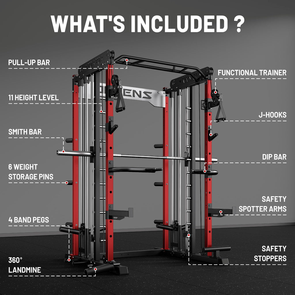 JELENS Smith Machine for Home Gym, Multi-Function M12 Power Cage, Squat Rack with Smith Bar and More Attachment (Red, M12 Smith Machine)