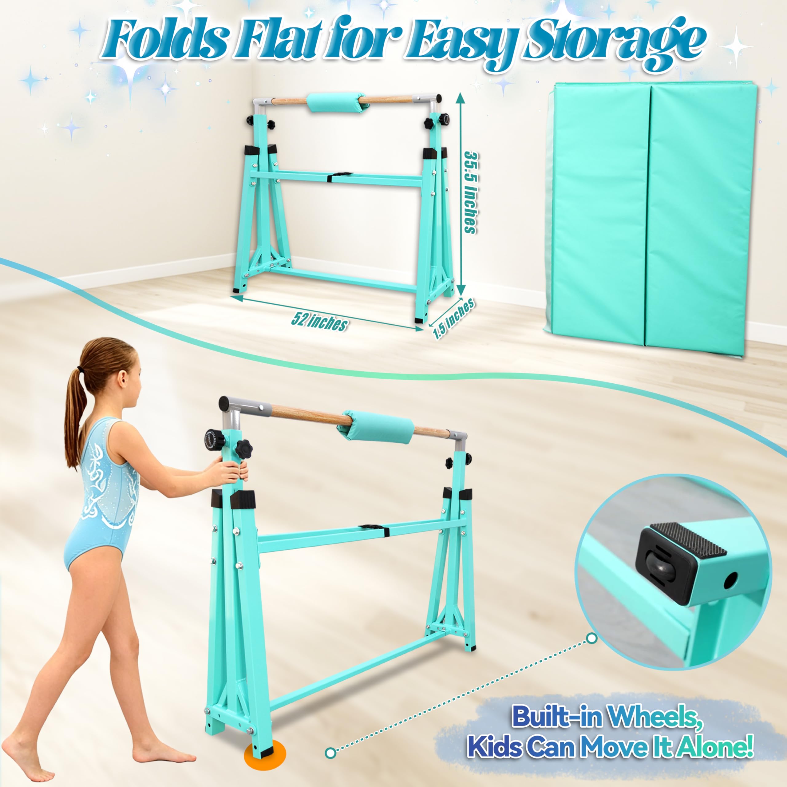 Seliyoo Foldable Kids Gymnastics Horizontal Bar for Ages 3-18, 5FT/6FT Kip Training Bar, Adjustable Height 35"-59", 400 LBS Capacity, Home Gymnastics Equipment for Kids & Teens