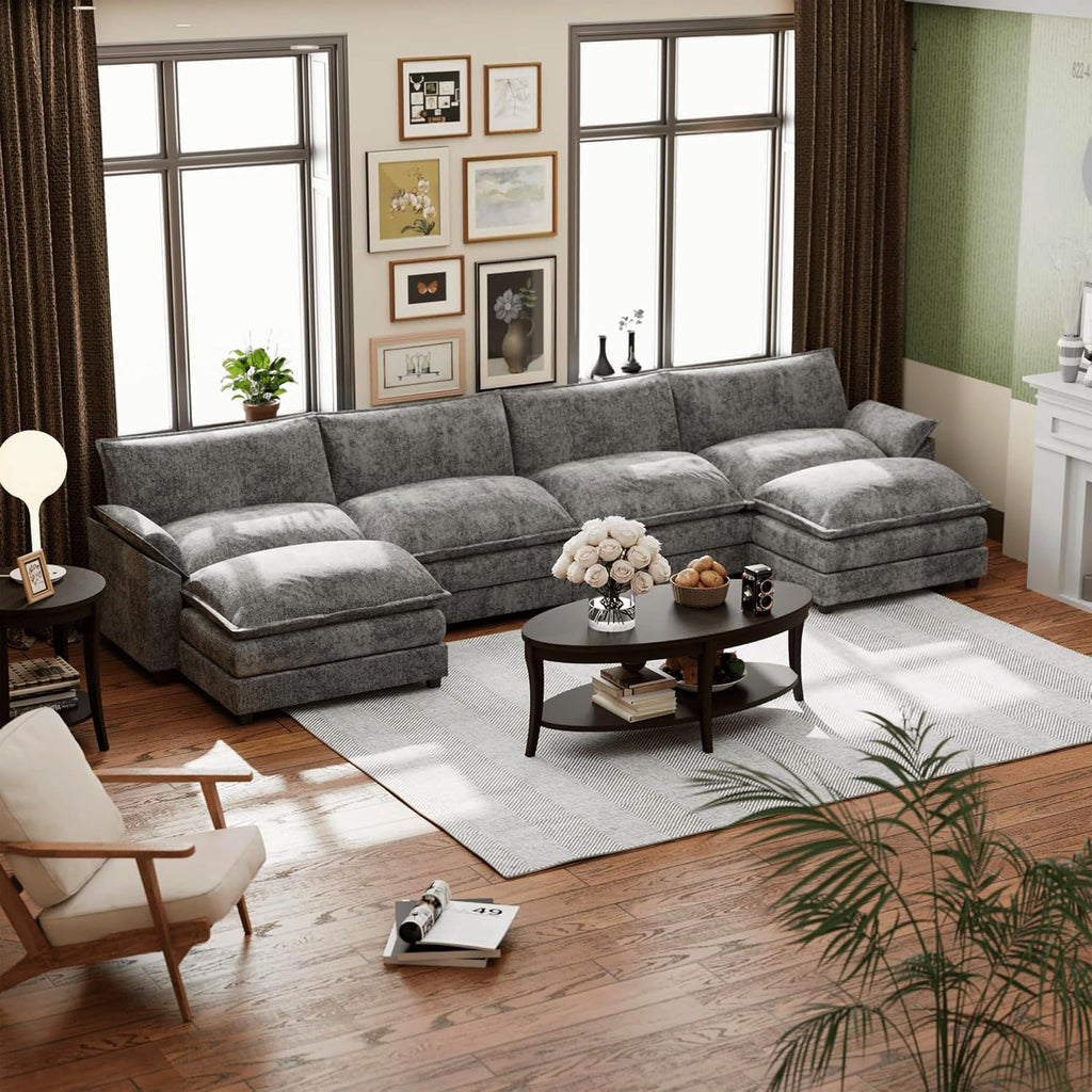 Shahoo Sectional Modular Sofa U Shaped Chenille Fabric Couch with High Supportive & Soft Sponges and Removable Ottoman, Sleeper Comfy Upholstered Furniture for Living Room, Dark Grey