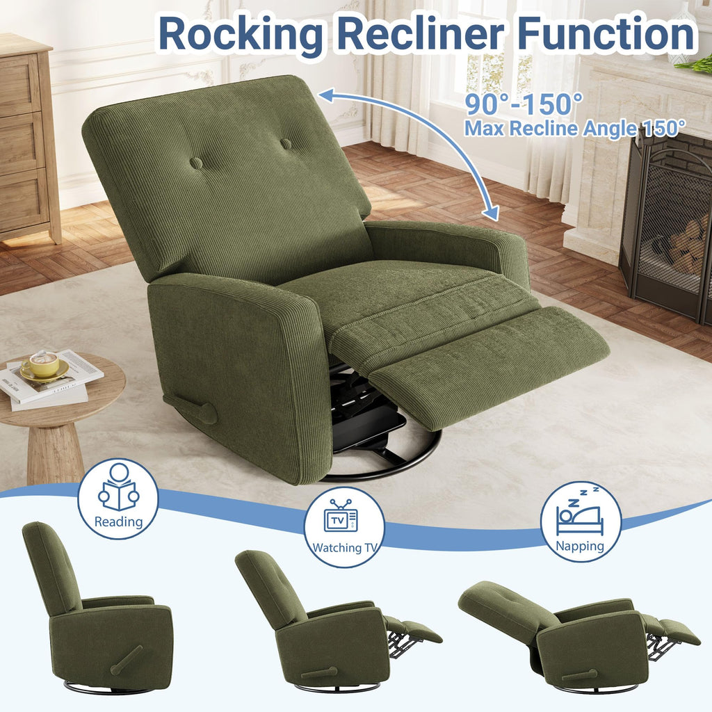 GarveeHome Recliner Chairs, Swivel Rocker Recliner, Glider Recliner Nursery Chair for Adults, 360° Swivel Glider Rocking Chair for Living Room, Bedroom, Office, RV, Small Spaces, Corduroy, Green