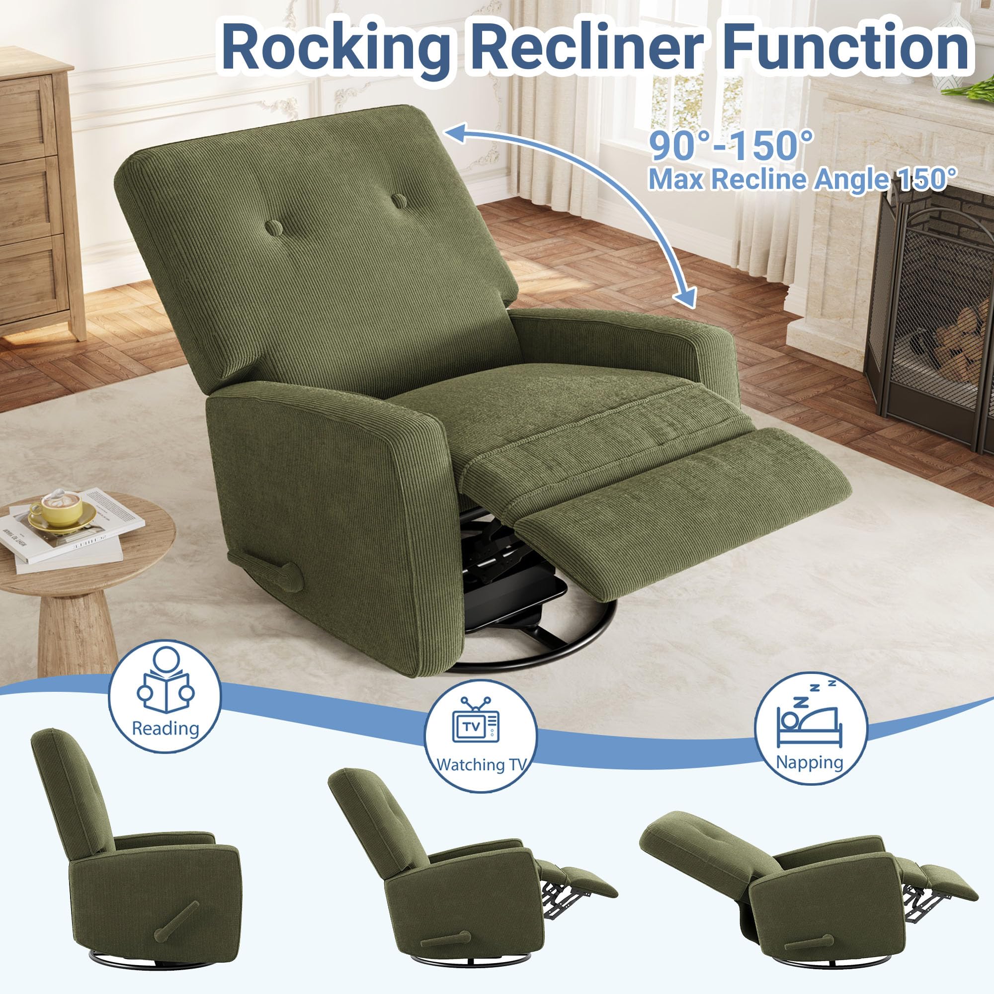 GarveeHome Recliner Chairs, Swivel Rocker Recliner, Glider Recliner Nursery Chair for Adults, 360° Swivel Glider Rocking Chair for Living Room, Bedroom, Office, RV, Small Spaces, Corduroy, Green