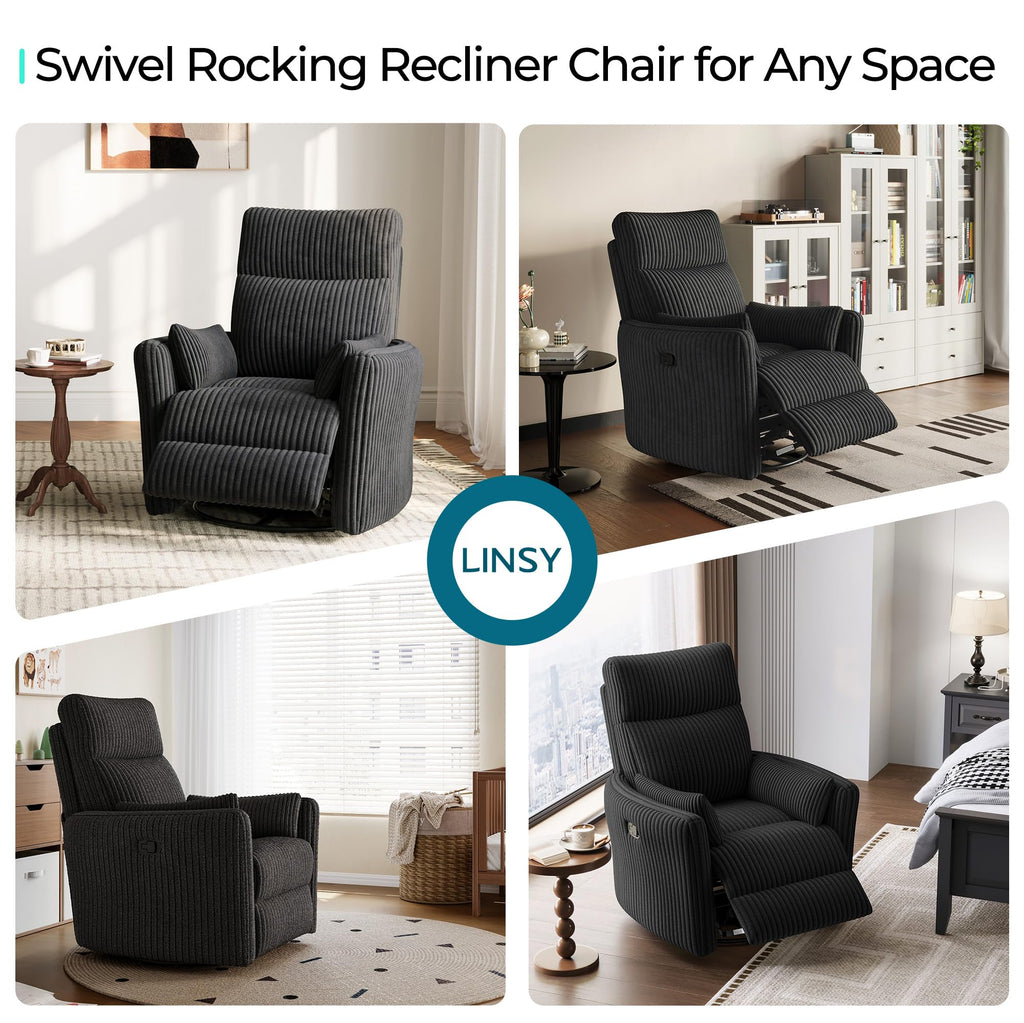 LINSY 360 Swivel Recliner Chair, Nursery Glider Rocking Chair with 2 Pillows, Corduroy Nursing Chair Comfy High Back Adult Rocker Recliner for Small Spaces, Nursery Bedroom Living Room (Black)