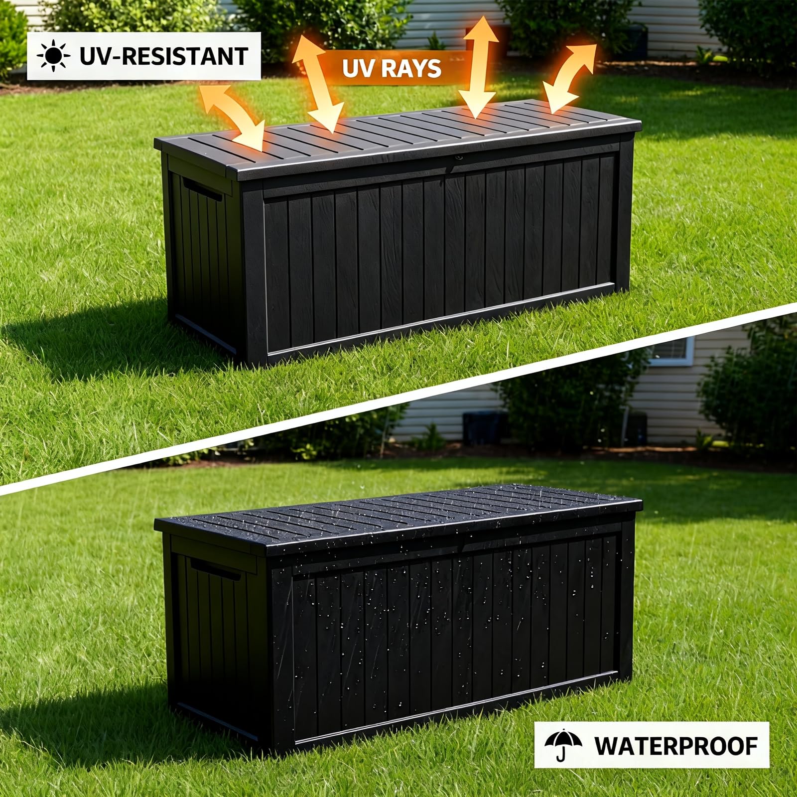 269 Gallon Large Outdoor Storage Box, Waterproof Deck Box with Lockable Lid, Resin Outside Storage Box for Patio Furniture, Pool Accessories, Garden Tools, Storage Bench for Backyard, Porch, Black