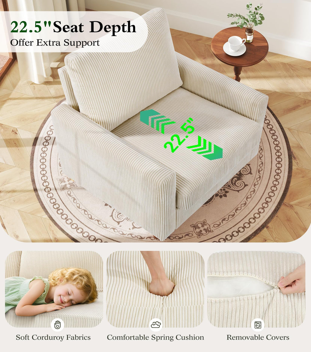 Kidirect 35.5in Oversized Accent Chair, Easy to Assemble Living Room Chairs, Corduroy Reading Chair for Bedroom, 22.5in Deeper Seats Accent Chairs for Living Room, Comfy Armchair Reading Nook, Beige