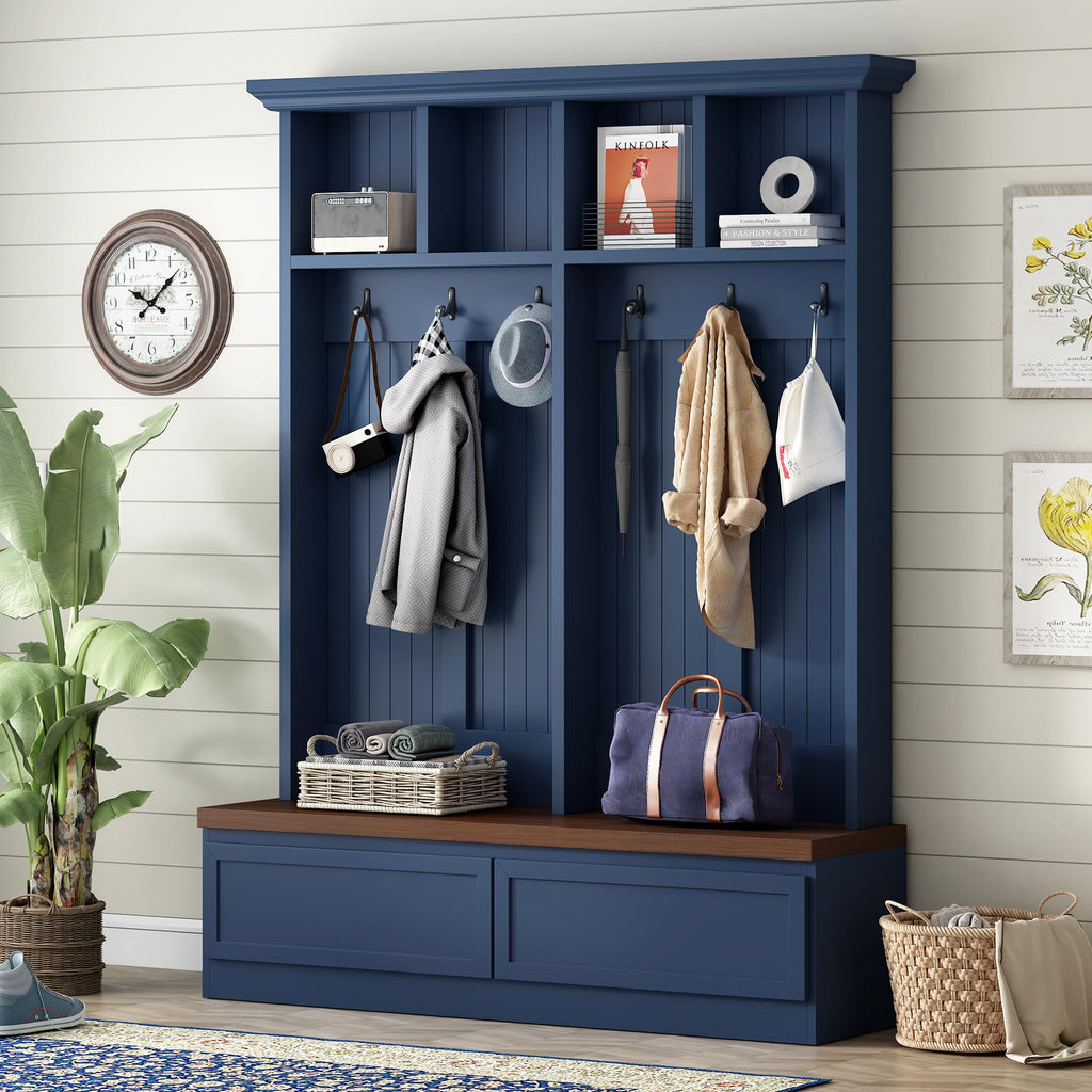Merax Wood Hall Tree with 6 Hooks & Entryway Bench, Farmhouse Mudroom Versatile Coat Racks with 2 Large Drawers, Entrance Organizer for Hallway, Blue