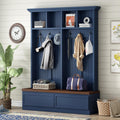 Merax Wood Hall Tree with 6 Hooks & Entryway Bench, Farmhouse Mudroom Versatile Coat Racks with 2 Large Drawers, Entrance Organizer for Hallway, Blue