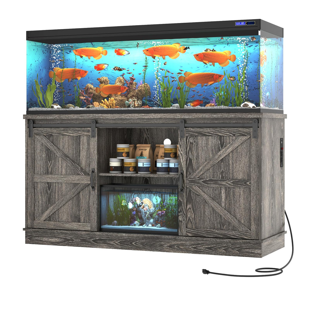 Hlivelood Farmhouse 75-120 Gallon Fish Tank Stand with Power Outlet, Aquarium Stand w/Cabinet&Sliding Barn Door, Heavy Duty Reptile Tank Stand for Fish/Turtle/Reptile Terrarium, 1000LB Capacity, Grey