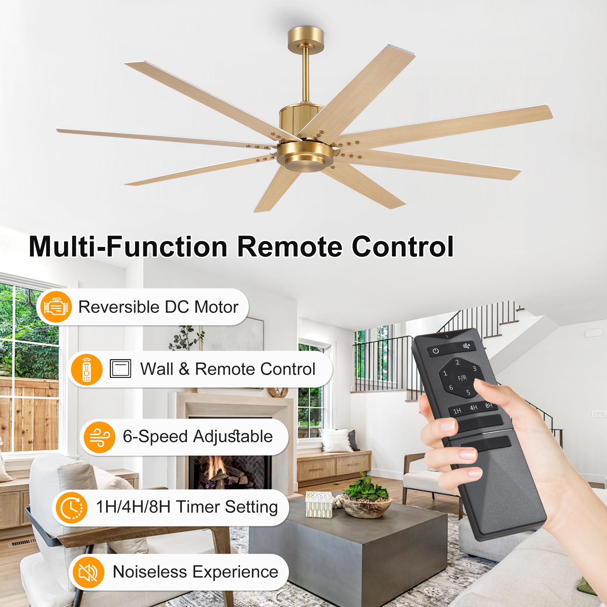 WINGBO 64" Ceiling Fan without Light, Modern Large Ceiling Fan with Remote Control, 6-Speed Reversible Noiseless DC Motor, Gold and White/Oak Blades for Living Room, Bedroom & Covered Outdoor