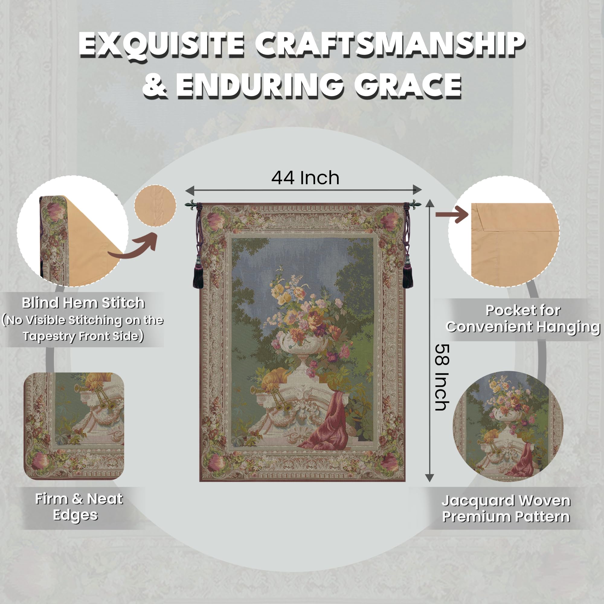 Charlotte Home Furnishings Inc. Ornamental Floral French Tapestry Wall Hanging, 58 X 44 Inch, Viscose Cotton And Polyester Blend Wall Art, Woven In France, Perfect For Home Decor And Wall Decor