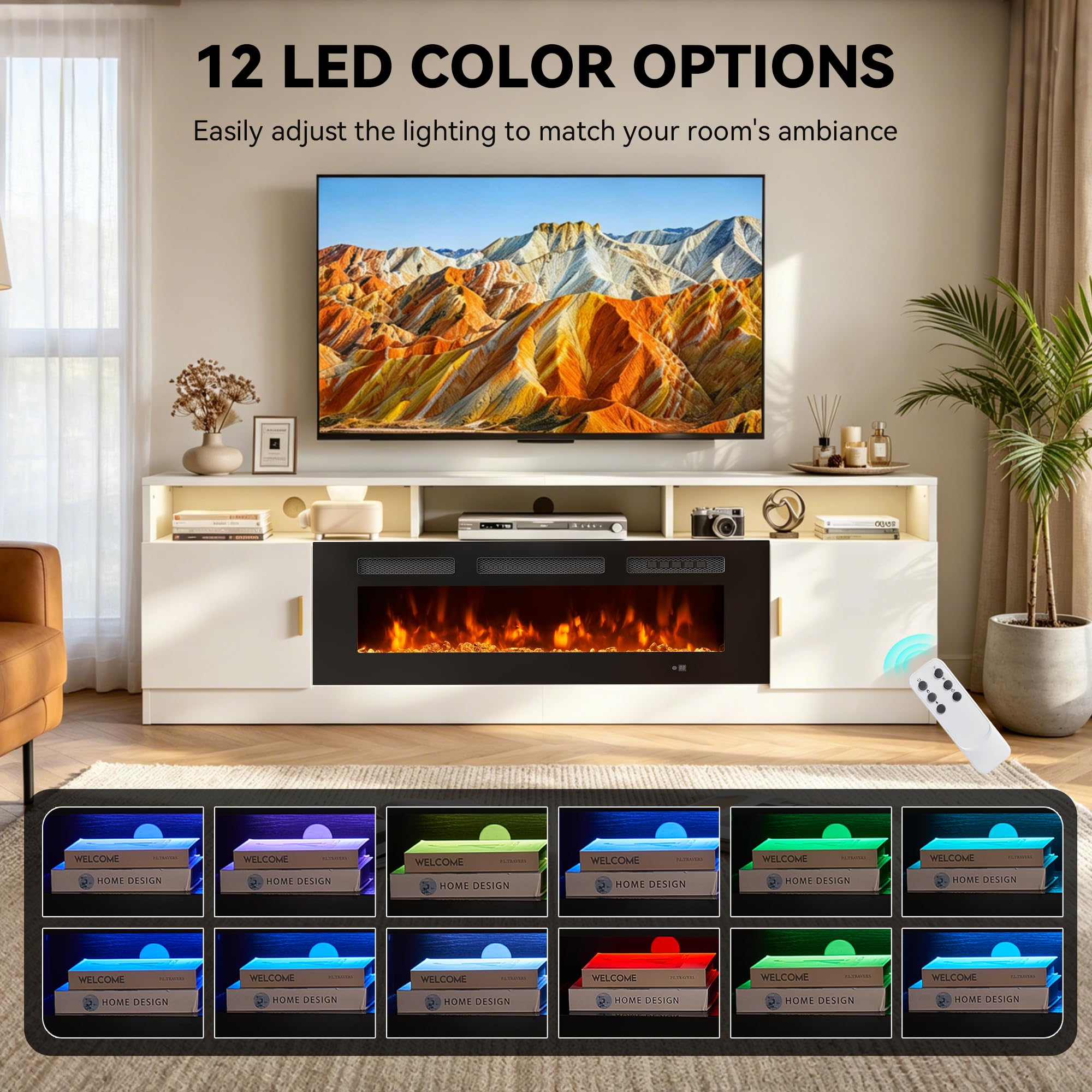 OneBlis 70" Fireplace TV Stand with Power Outlet, Electric Fireplace Entertainment Center with Storage Cabinets, Fits TVs up to 80", TV Console with LED Lights for Living Room, Office, White-Black