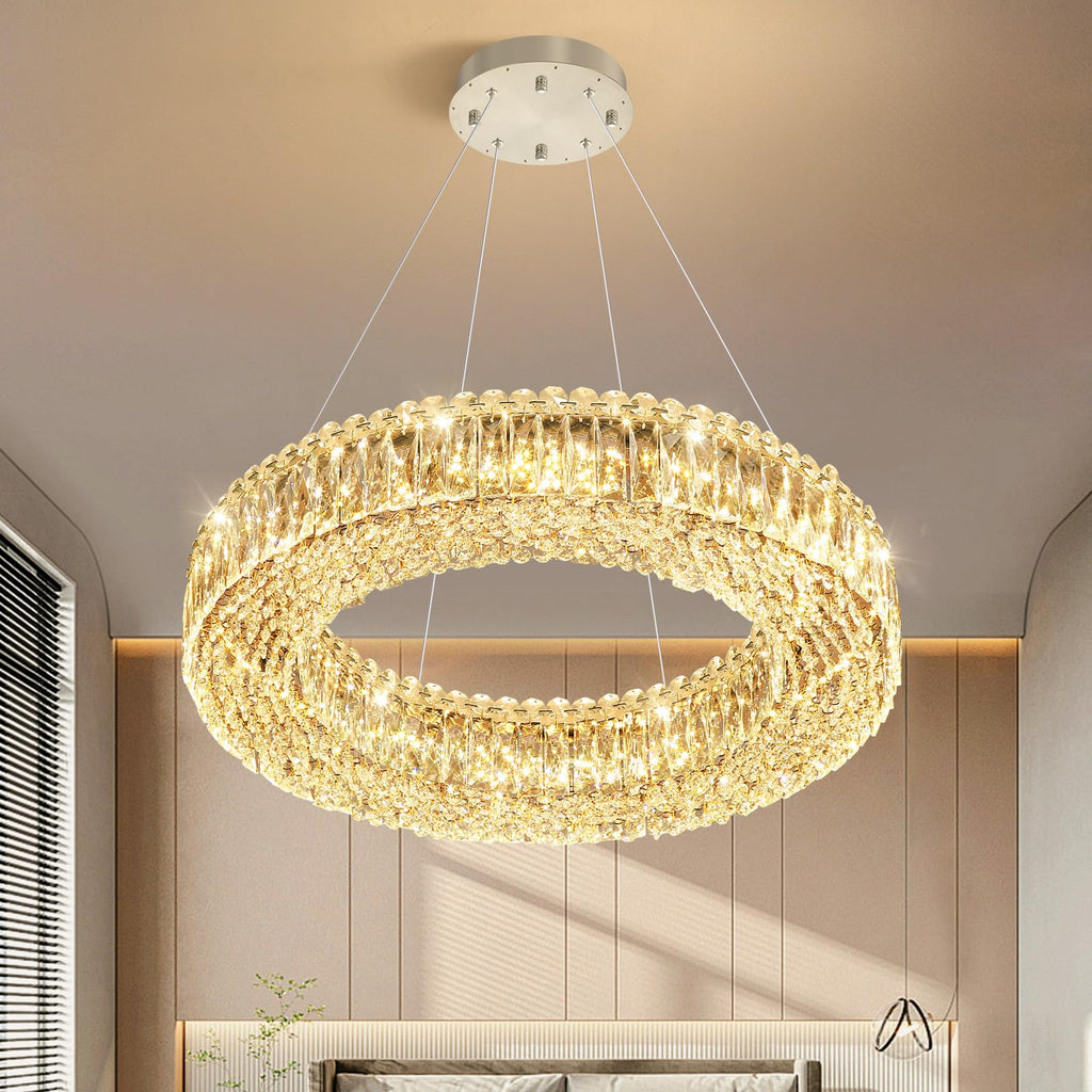 24'' Modern Crystal Chandeliers Large Ring Chandelier for Living Room LED Dimmable Ceiling Light for Dining Room High Ceiling Chandeliers for Foyer Entryway Silver