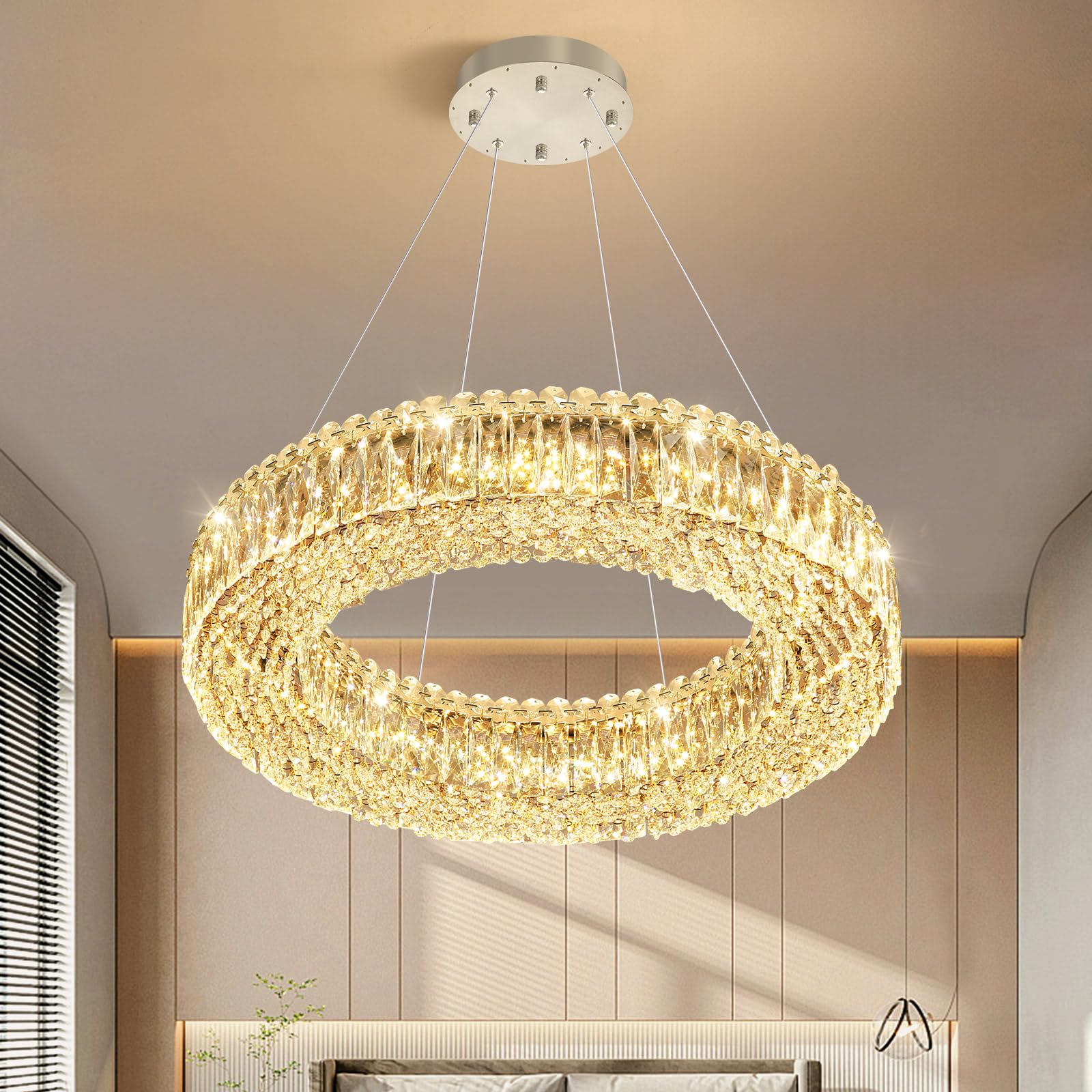 24'' Modern Crystal Chandeliers Large Ring Chandelier for Living Room LED Dimmable Ceiling Light for Dining Room High Ceiling Chandeliers for Foyer Entryway Silver