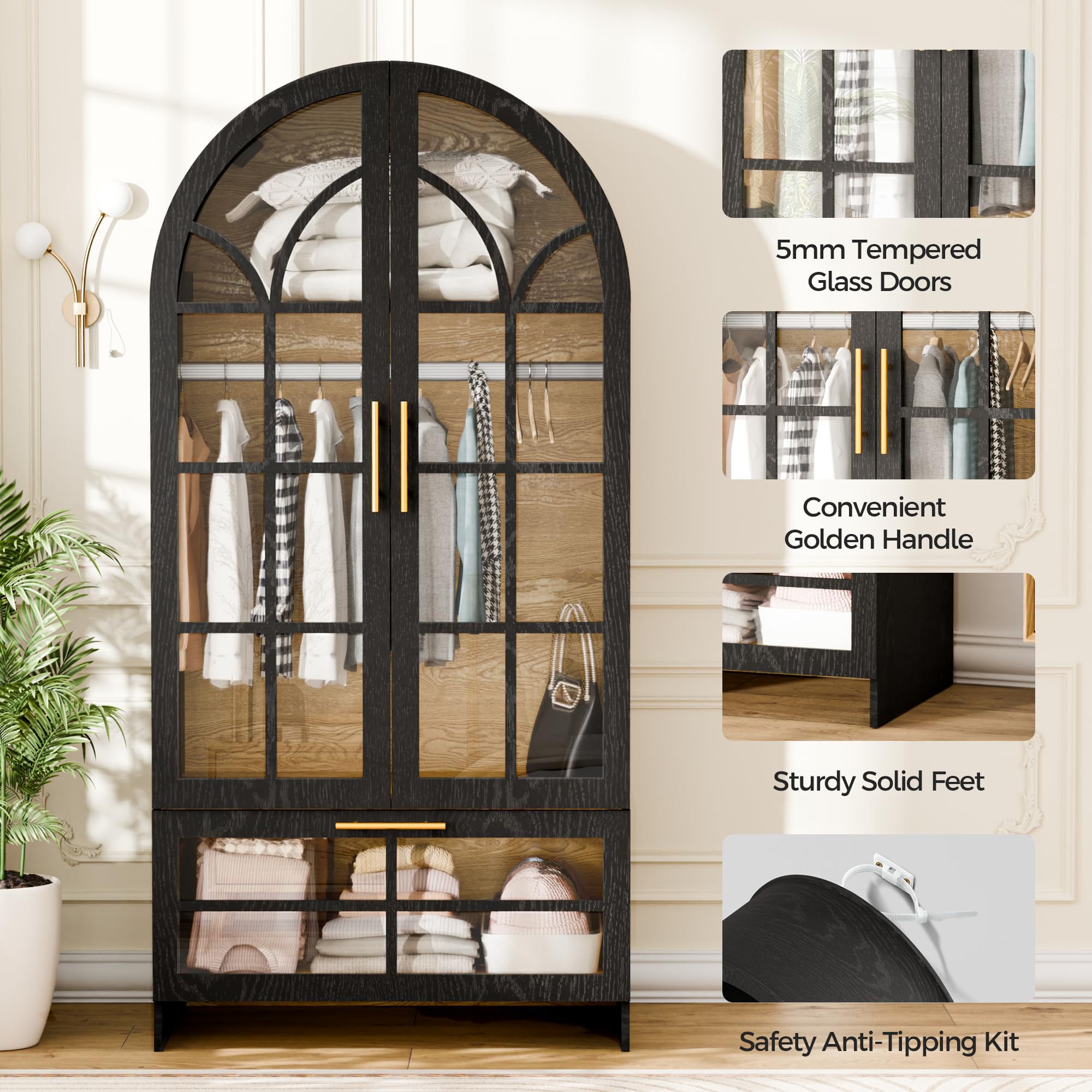 Topcomfy Armoire Wardrobe Closet with Drawer, 71”Tall Arched Wardrobe Cabinet with Hanging Rod&Glass Door – Wooden Freestanding Clothing Storage Cabinet Closet Organizer for Bedroom, Entryway or Dorm