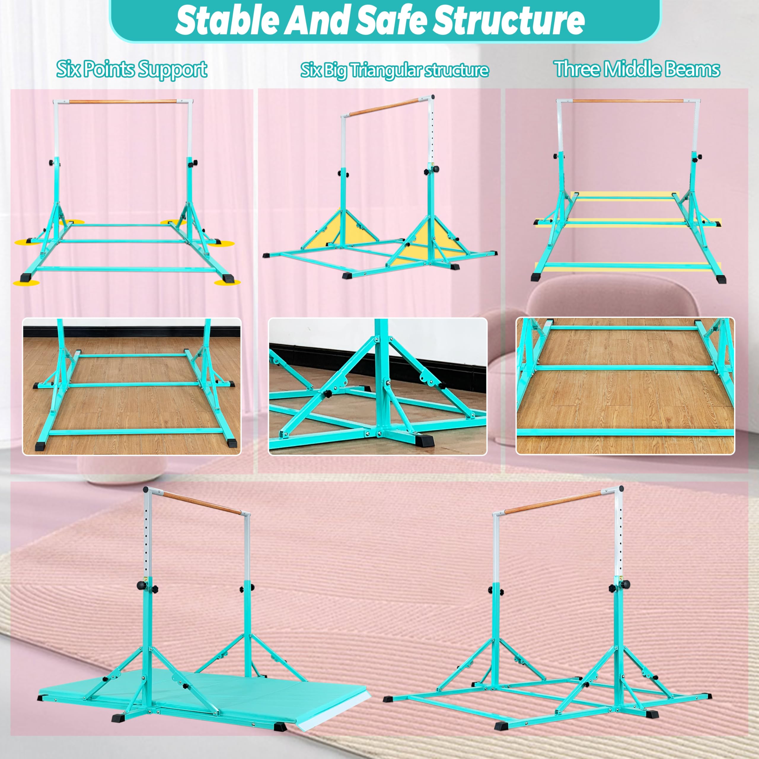MARFULA Foldable Gymnastic Bar with Mat for Kids Ages 3-20, 350 lbs Weight Capacity, Gymnastic Kip Bar Horizontal Bar for Gymnast, Gymnastic Training Equipment for Home and Gymnastic Center Use