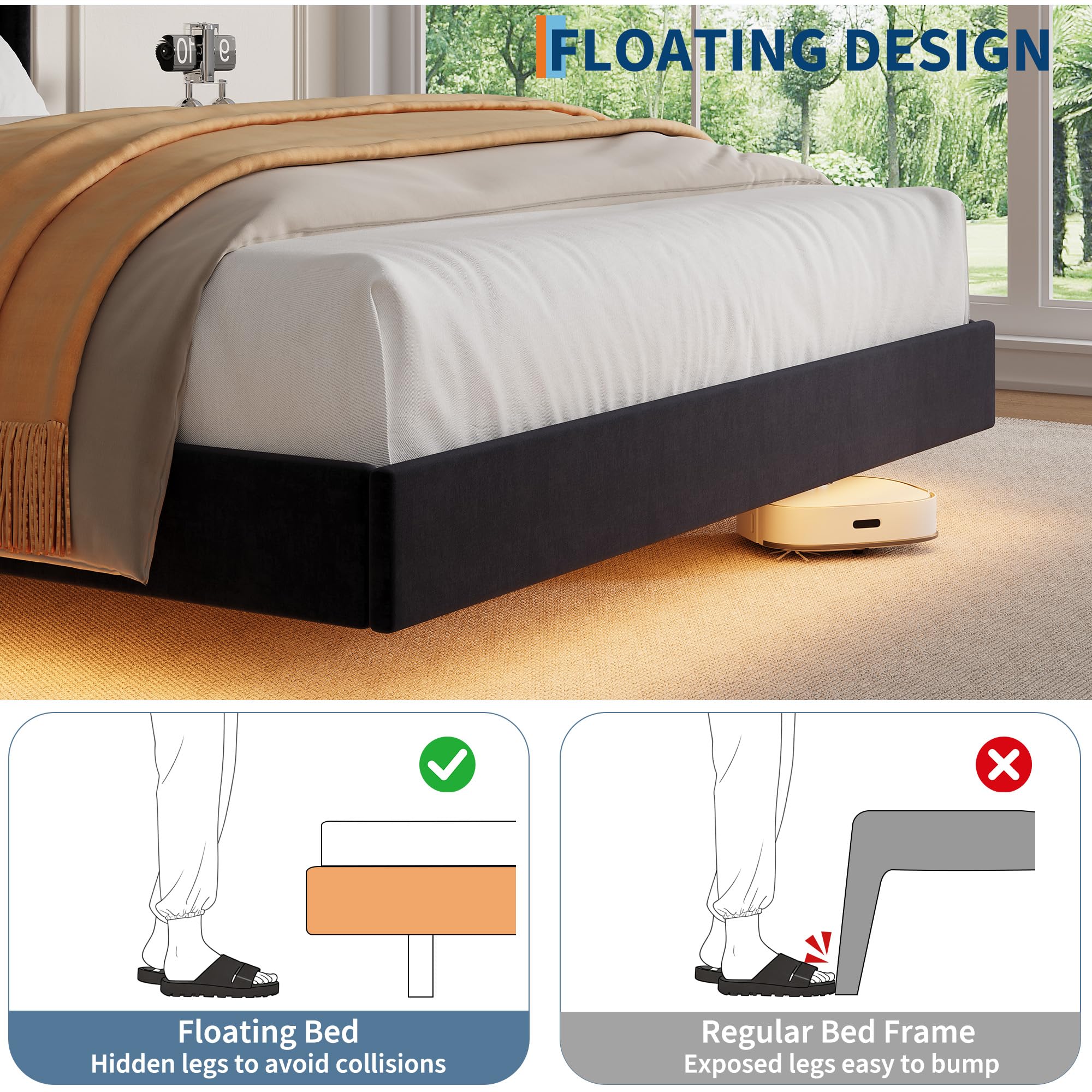 GAOMON Floating Bed Frame Full Size with LED Lights, Velvet Upholstered Platform Full Bed Frame with Wingback Storage Headboard, No Box Spring Needed, Easy Assembly, Black