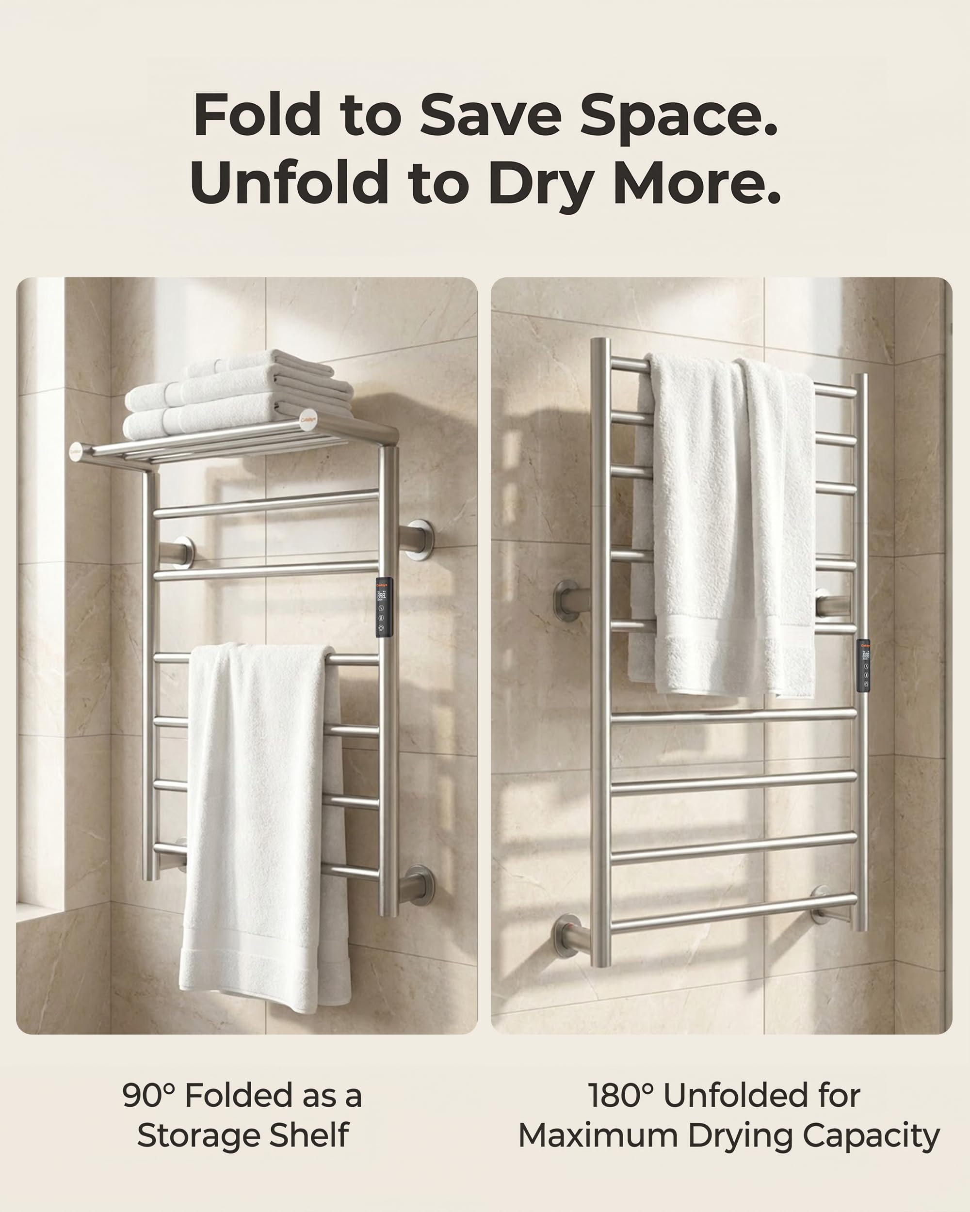 Caldayx Foldable Heated Towel Rack, Smart Dual-Zone App & Voice Control Electric Towel Warmer Rack, GFCI Plug-in/Hardwired, Wall-Mounted, Drill-Free Install, Brushed, CA3-900X550-Pro-S