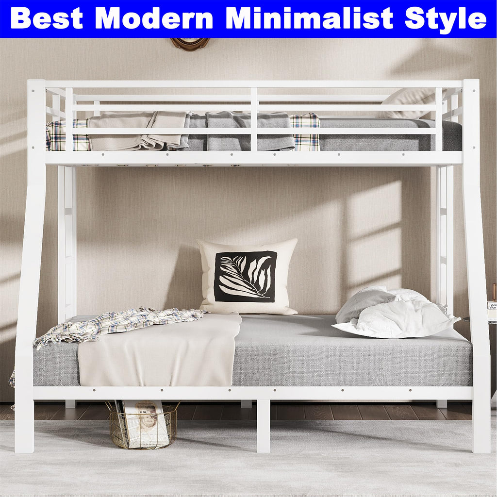 STERXONE Upgraded Version Thickened Stronger Metal Twin Over Full Bunk Bed, Heavy Duty Steel Twin Over Full Size Bunk Bed, Best Bunk Bed Frame for Adults (White,Twin Over Full)