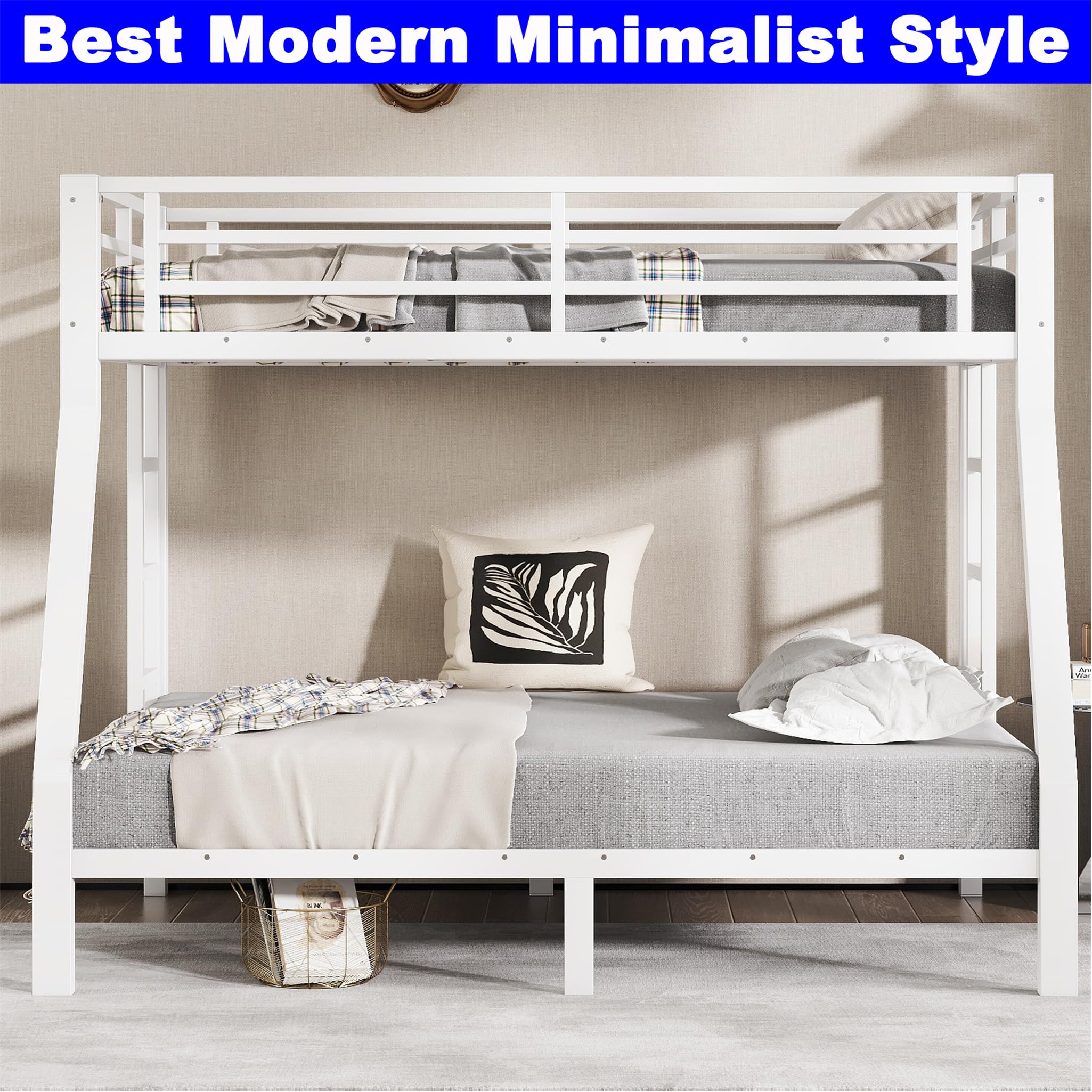 STERXONE Upgraded Version Thickened Stronger Metal Twin Over Full Bunk Bed, Heavy Duty Steel Twin Over Full Size Bunk Bed, Best Bunk Bed Frame for Adults (White,Twin Over Full)