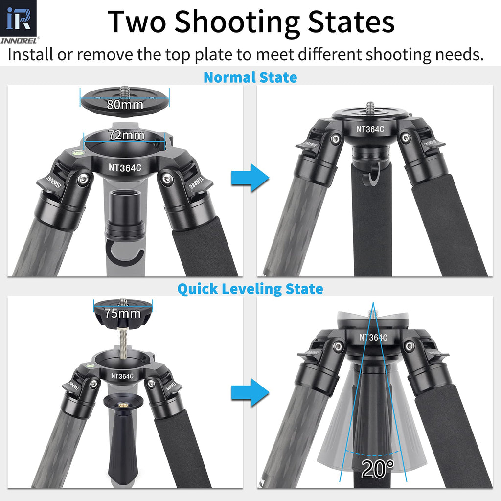 INNOREL NT364C Professional Carbon Fiber Tripod - Heavy Duty Camera Stand, 55lb/25kg Max Load, 75mm Bowl Adapter (Max Tube 36mm)