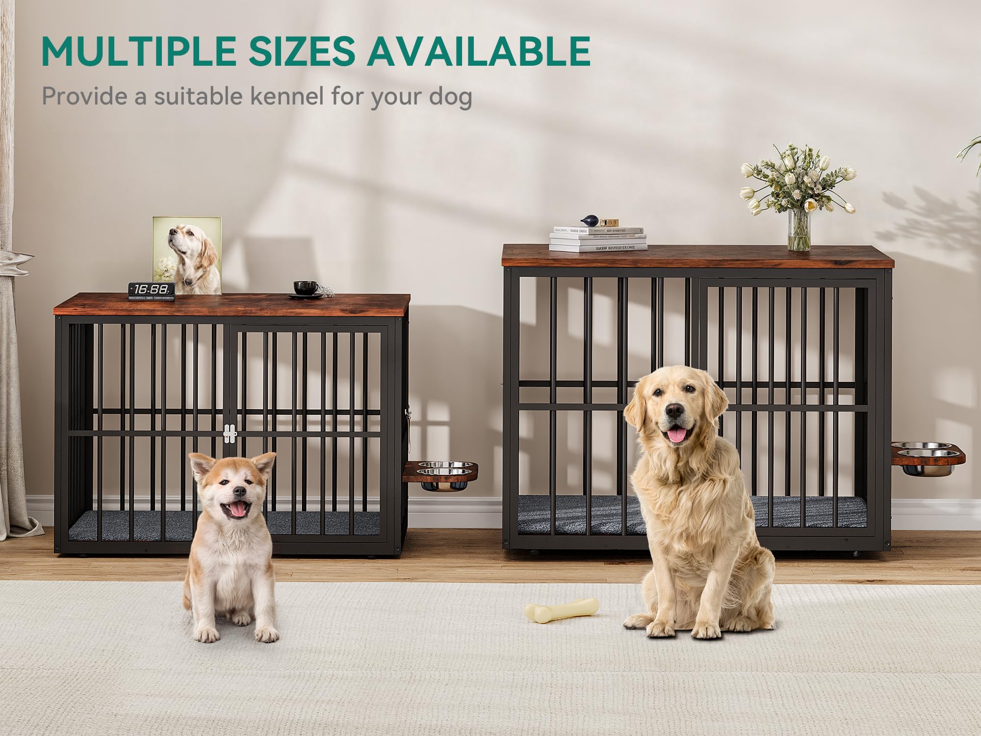 88.6" Large Dog Crate Furniture, Wooden Dog Kennel with Bowls & 3 Doors, Double Crate Furniture TV Stand for Medium Large Dogs, Brown