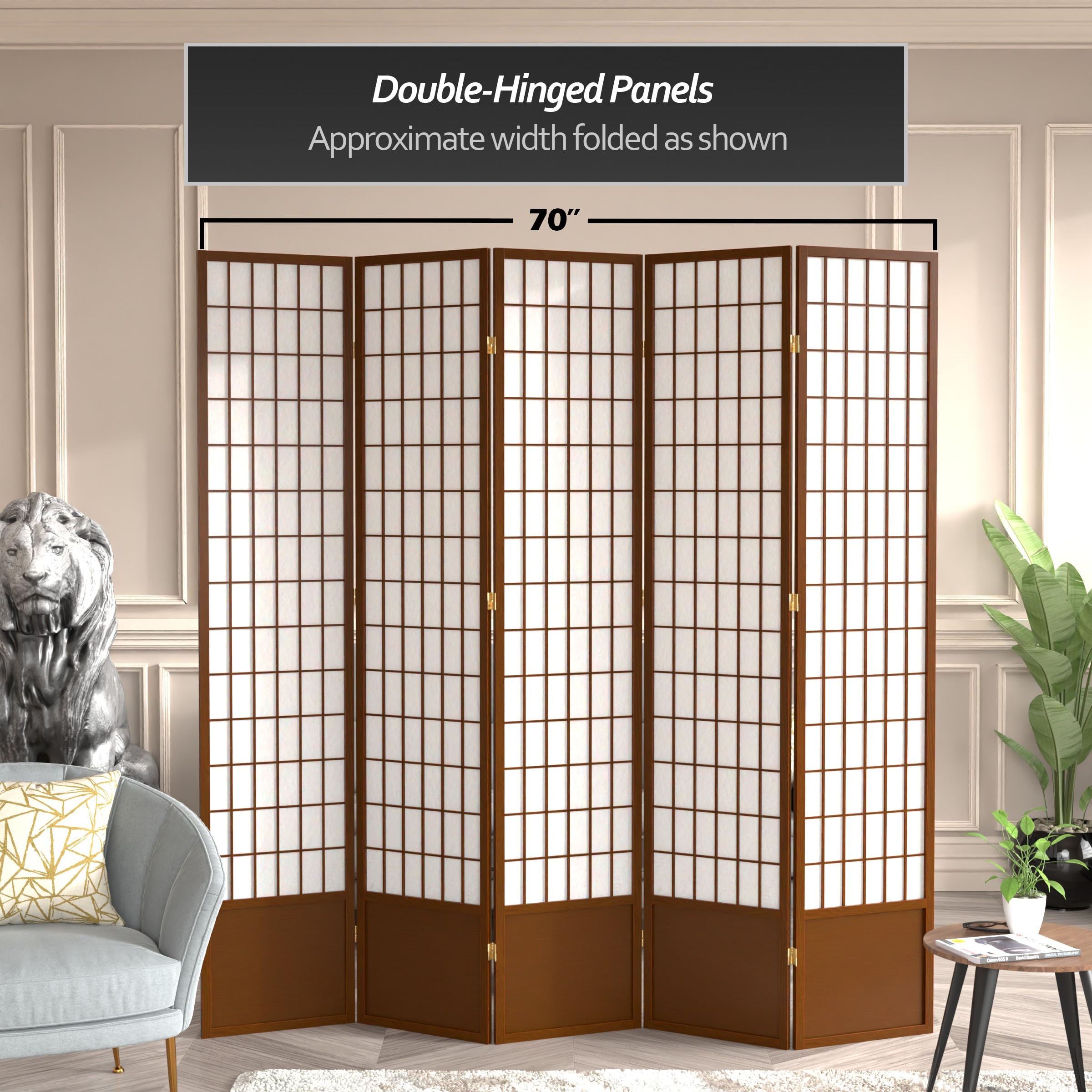 Oriental Furniture 7 ft. Tall Window Pane Shoji Screen - Walnut - 5 Panels