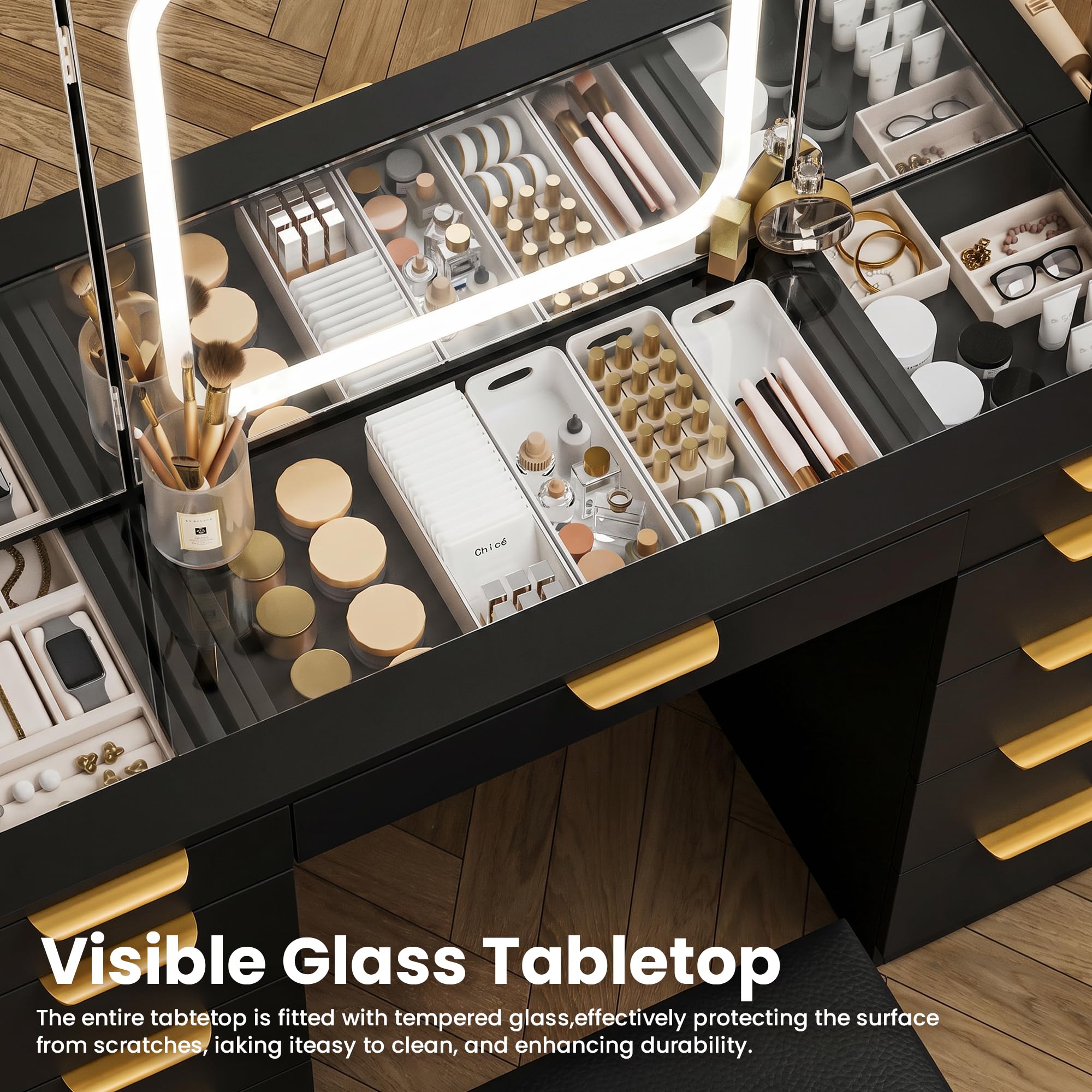 Fkhouse Glass Top Vanity Desk with Foldable Mirror and Lights, 11 Drawers Makeup Vanity with Charging Station, 3 Lighting Modes Dressing Table with Chair, Black