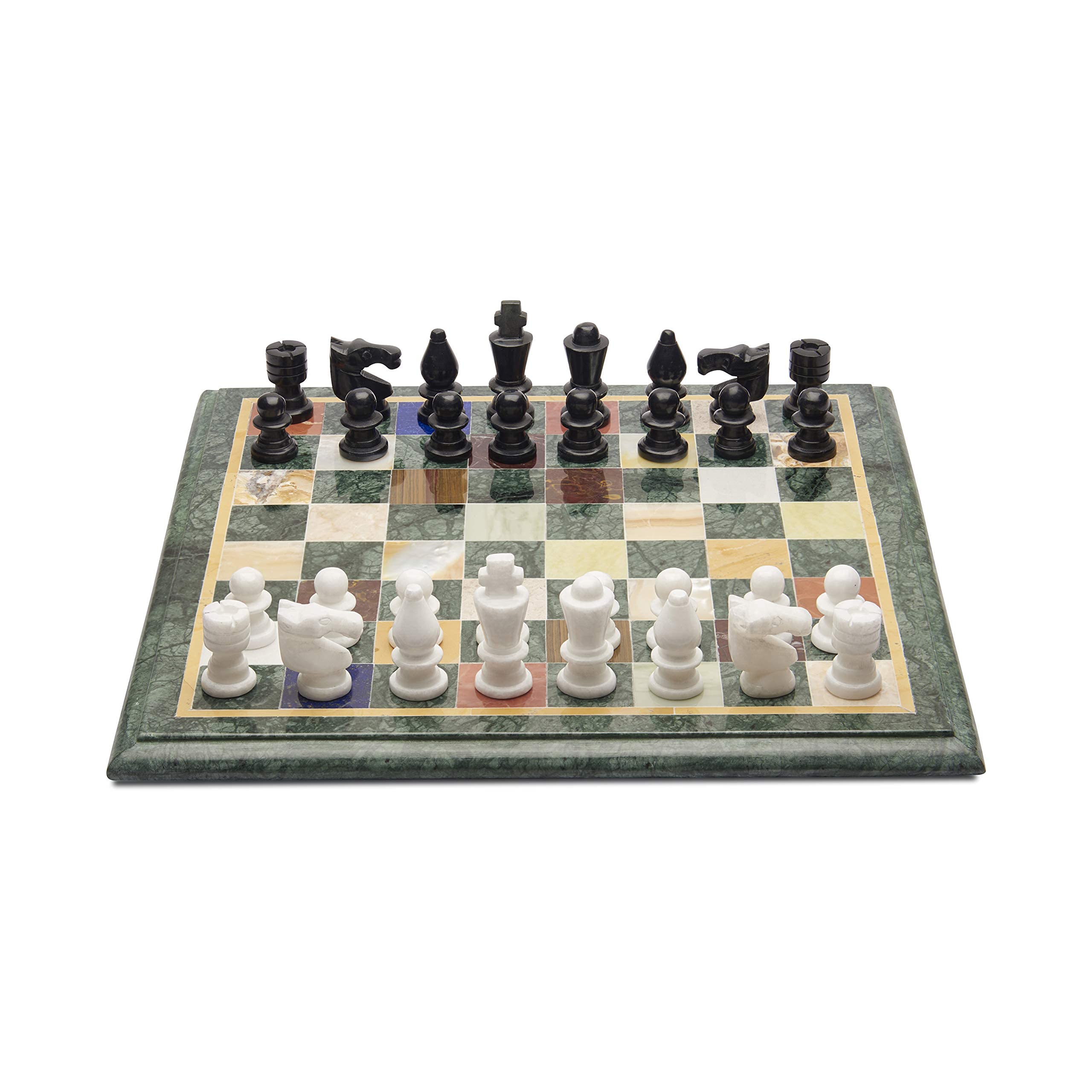 Queenza Green Marble Chess Sets for Adults Unique - 12 Inch Inlaid with Gemstones Handmade Chess Board Game with Alabaster Marble Chess Pieces Set of 32 - Tournament Chess Set with Storage