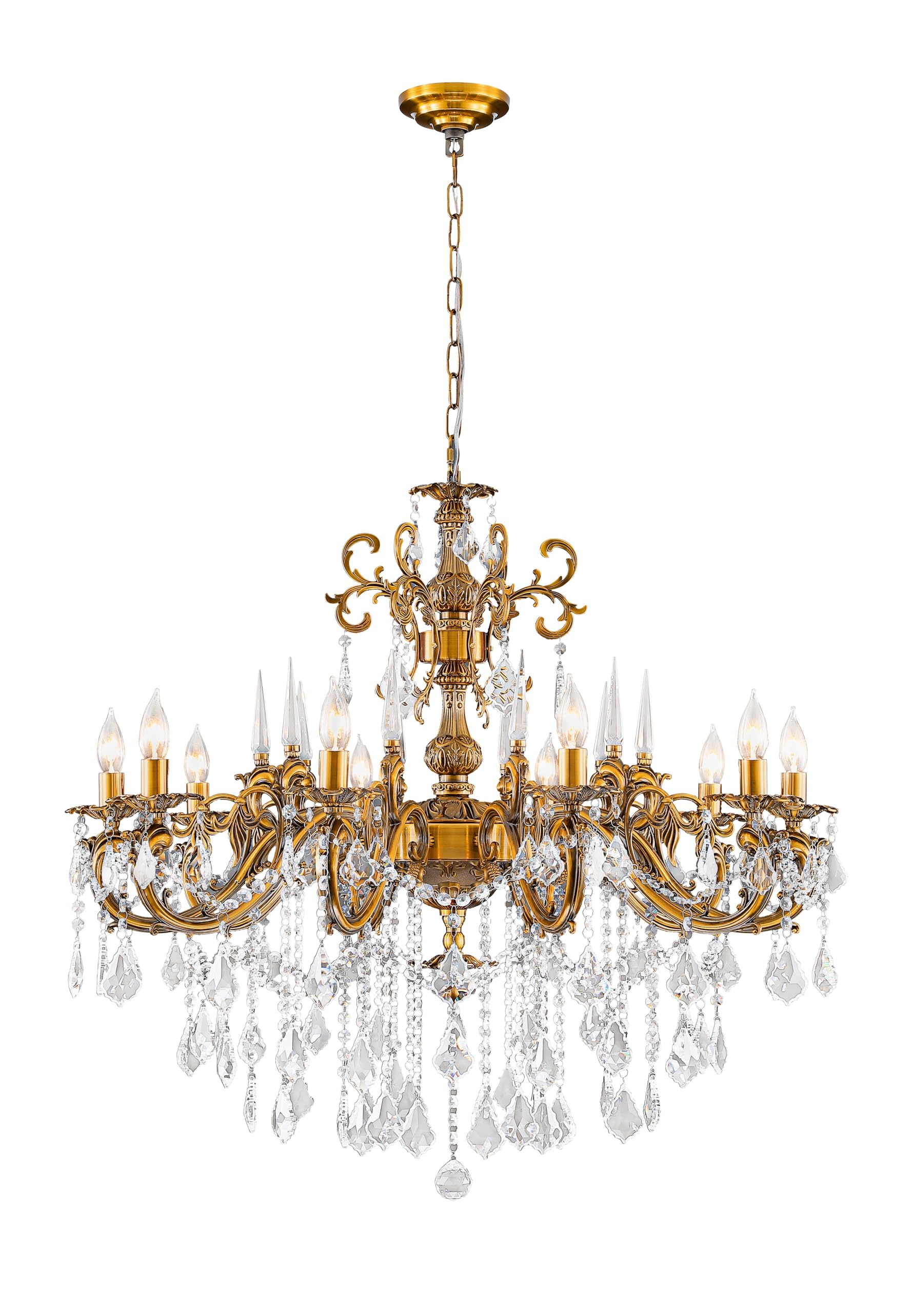 MEELIGHTING Gold Crystal Chandelier, 10-Light Antique Bronze Candle Pendant Ceiling Light Fixture with K9 Crystals for Dining and Living Room, Bedroom, Kitchen Island, Hallway, Dia 36"