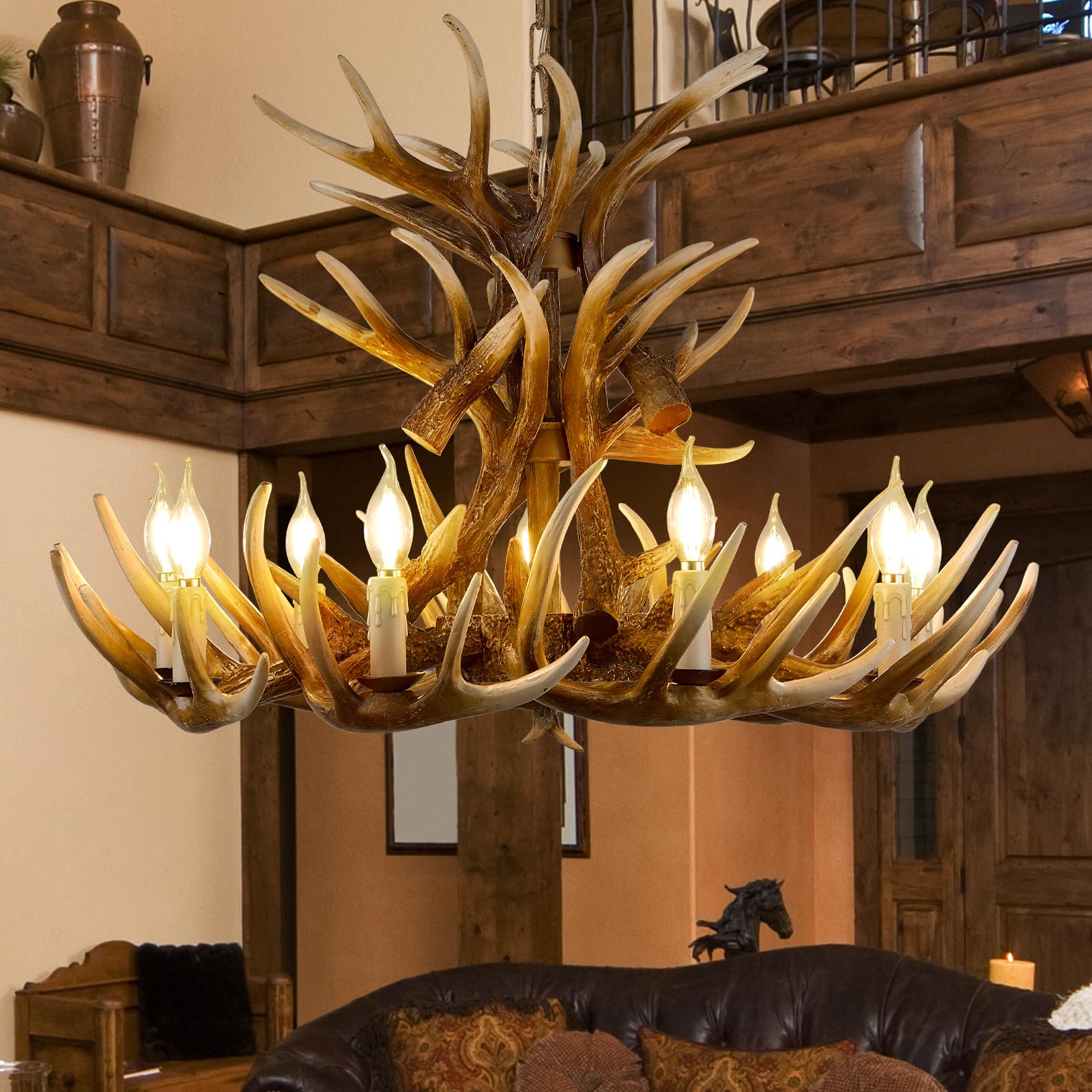 Fayelight Deer Antler Chandelier Lighting,Large Deer Rustic Farmhouse Chandelier Light Fixtures for Dining Room Living Room Kitchen Island Bedroom Entryway Foyer (9 Lamp Arms + 6 Arms)
