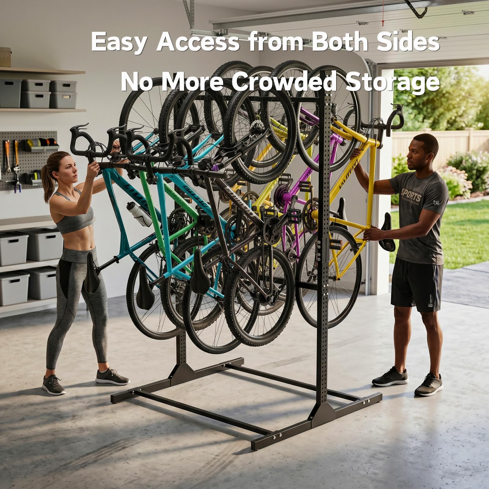 Freestanding Bike Storage Rack for 8 Bikes Heavy Duty Adjustable Bike Rack for Garage Organization & Storage Bike Rack with Hooks for Helmets and Accessories for Road, Mountain & Hybrid Bicycles