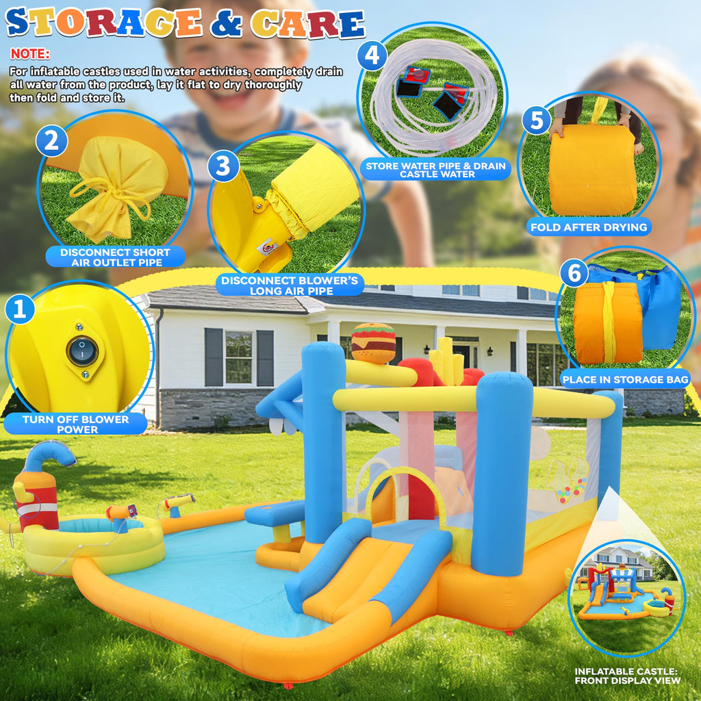 Large Inflatable Water Slide Park for Big Kids, 13-in-1 Bounce House Water Slide with Double Slides, Blower, Splash Pool, Deep Pool, 16X15X7.7ft Burger Theme Party Outdoor Backyard Blow Up Water Slide