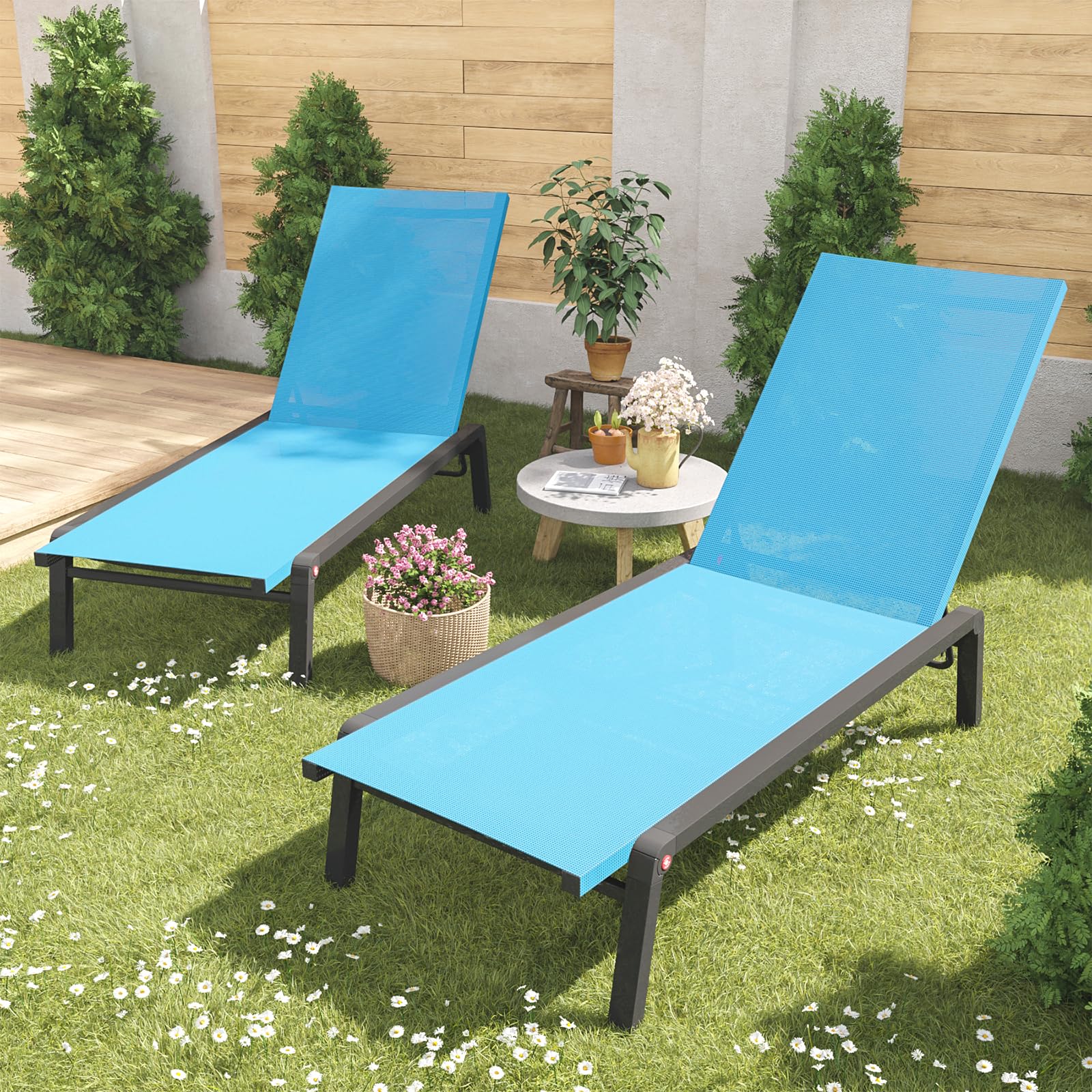 FHVIT Patio Chaise Lounge Set of 2 with 4 Adjustable Backrest, Foldable Aluminum Chaise Lounge Chair Recliner for Outdoor, Poolside, Sun Tanning Blue