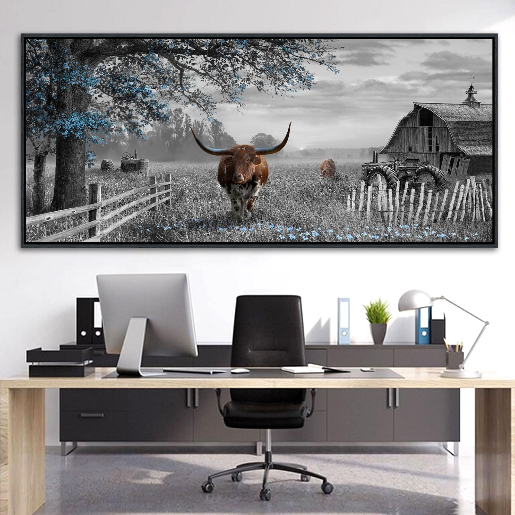 yiijeah Rustic Wall Art - Western Home Decor Cow Picture 86x39 Inches Extra Large Rustic Longhorn Living Room Bedroom Canvas Framed Artwork Farmhouse Wall Decor