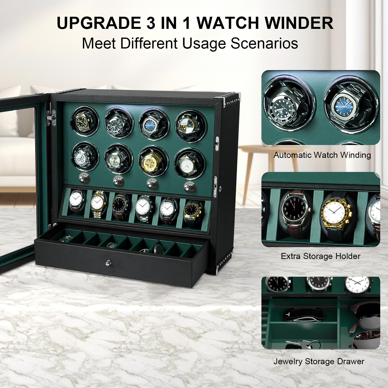 DUKWIN Watch Winder for 6 Automatic Watches,Lockable Watch Winders with Watch and Jewelry Storages, Super Quiet Mabuchi Motor with High-Gloss Piano Lacquer Finish,Built-in Illumination-White