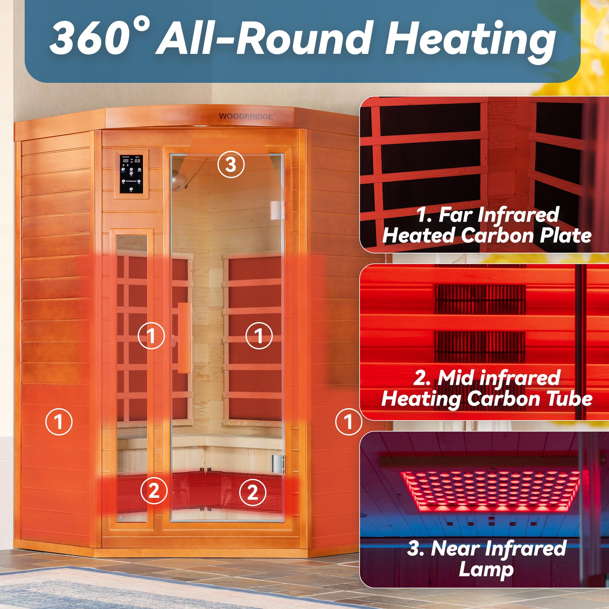 WOODBRIDGE Infrared Sauna Room 2 Person Japanese Cedar Indoor Corner Sauna with 7 Carbon Heaters, Red Light Therapy,Bluetooth Speaker,Intelligent Dual Control System,Tempered Glass,Exterior Brim Light