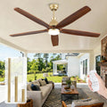 YZEENM 60 Inch Ourdoor Gold Ceiling Fan with Light, 5 Walnut Wood Blade Damp-Rated, Indoor Exterior High CFM Propeller for Patio Farmhouse, 6 Speeds Quiet Reversible DC Motor, for Living Room Porch