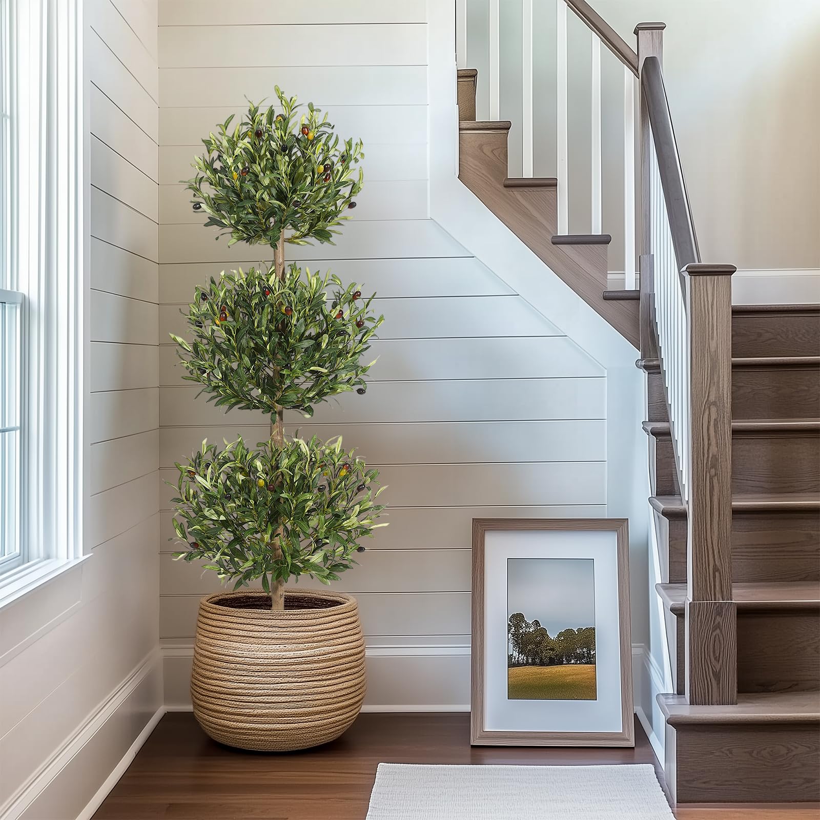 2 Pcs Artificial Olive Tree, 5FT Tall Olive Trees Artificial Indoor, Fake Olive Tree with Planter, 3-Tier Spherical Design Faux Olive Tree for Home Office Decor