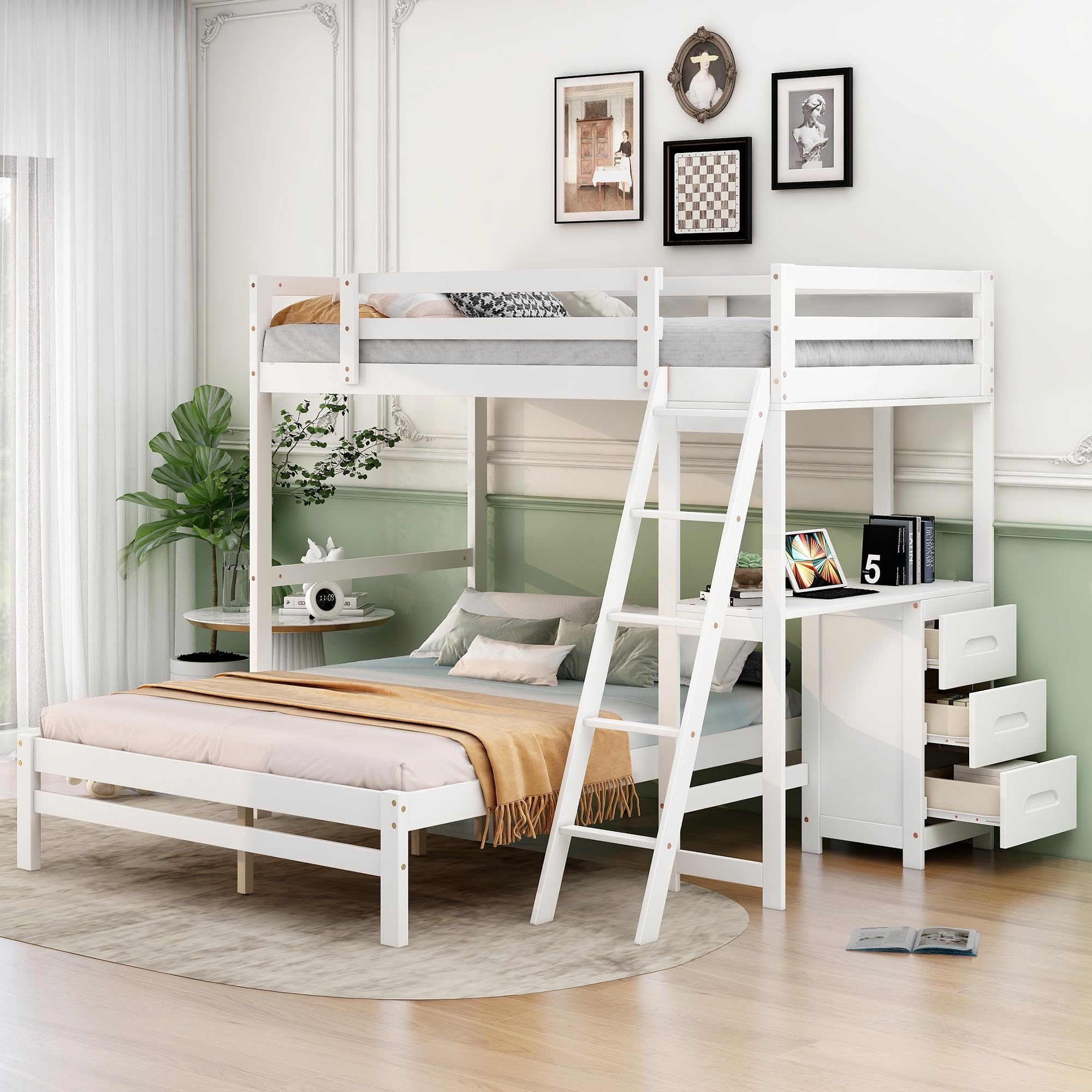 YOPTO Twin Over Full Bunk Bed with Built-in Desk and Three Drawers,Pine Wood Convertible Twin Over Full L-Shaped Loft Bunk Bed Frame for Kids Teens Adults,White