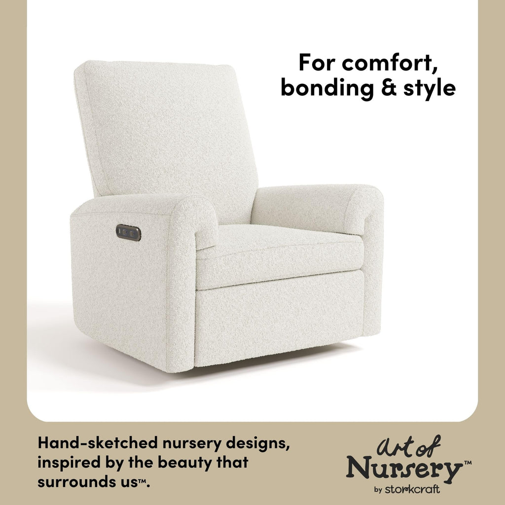 Storkcraft Sorrento Deluxe Power Recliner Swivel Glider – Premium Electronic Nursery Rocking Chair, Oeko-TEX 100 Certified, Includes Dual-USB Charging Port with USB-A & USB-C (Ivory Boucle)