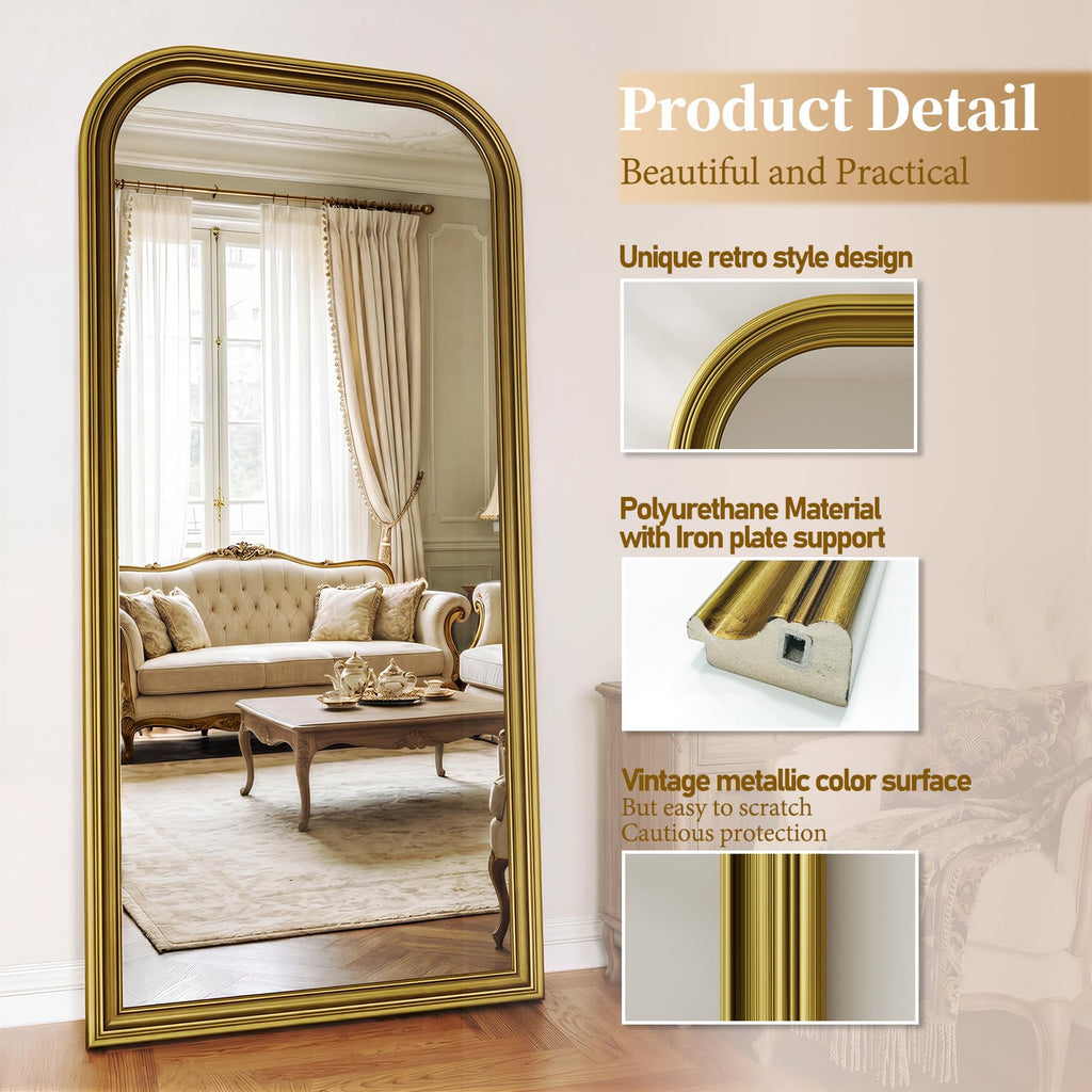 FlyEcho Full Length Mirror with Stand, 71"x32" Full Body Mirror, Floor Length Mirrors Wall Mounted with Rounded Top, Large Standing Mirrors, PU Frame, for Bedroom Living Room Cloakroom, Antique Gold