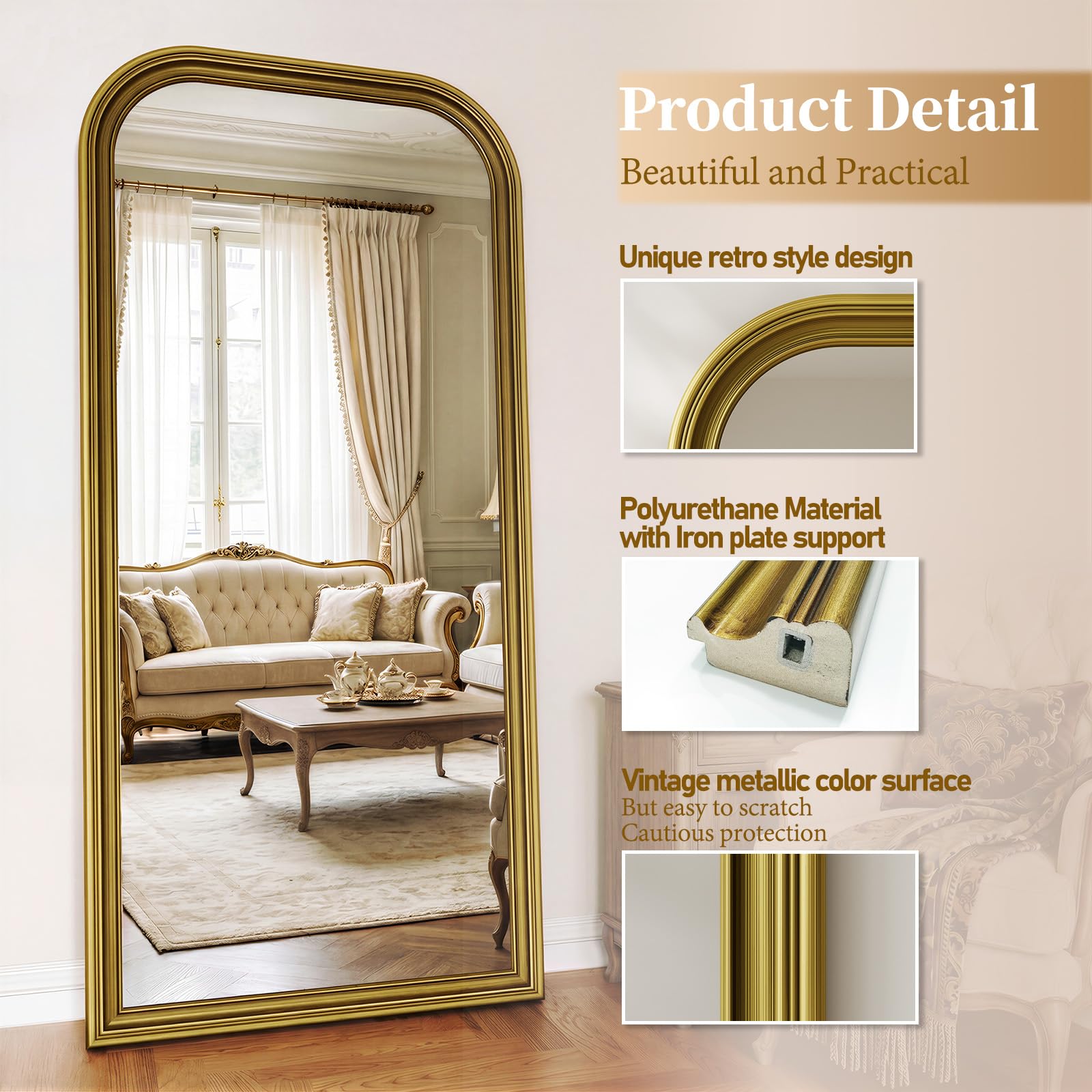 FlyEcho Full Length Mirror with Stand, 71"x32" Full Body Mirror, Floor Length Mirrors Wall Mounted with Rounded Top, Large Standing Mirrors, PU Frame, for Bedroom Living Room Cloakroom, Antique Gold