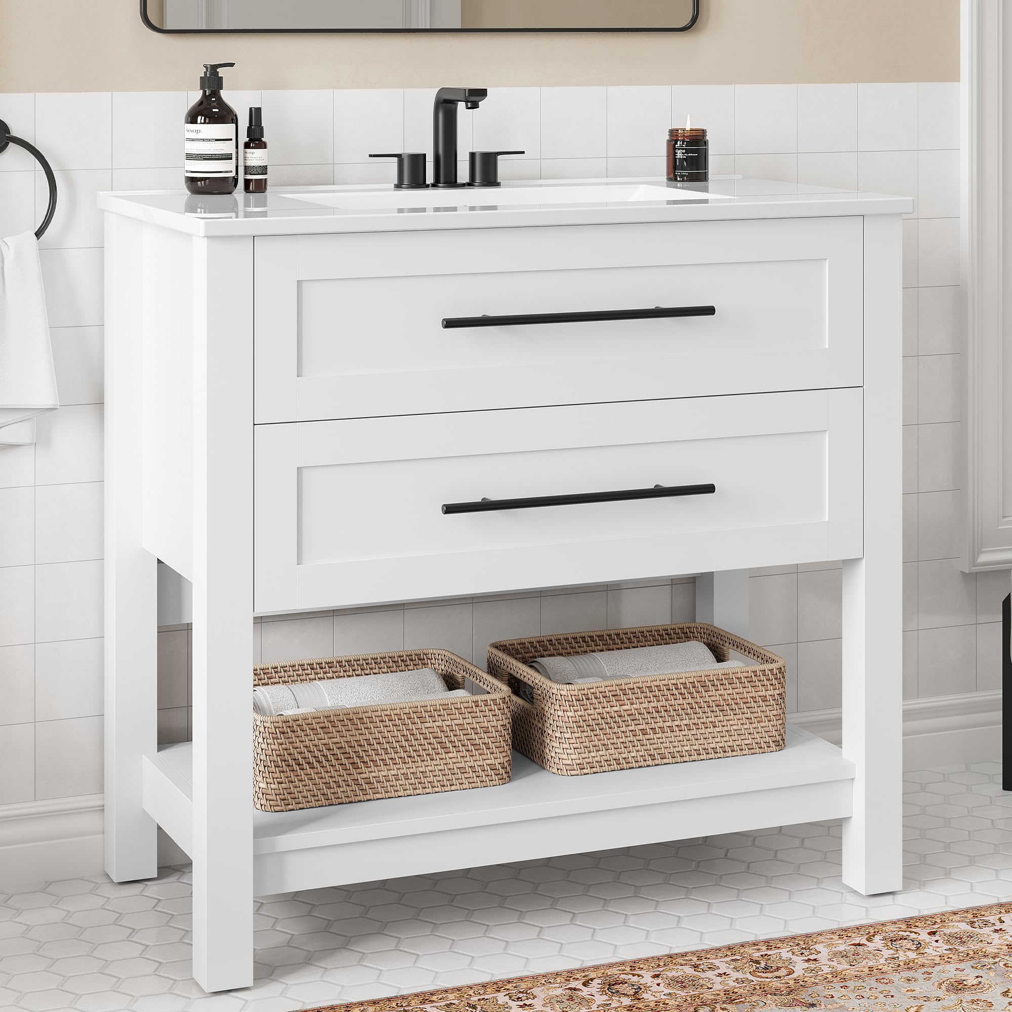 LIKIMIO 36" Bathroom Vanity with Sink, Freestanding Bathroom Vanity with 2 U-Shaped Drawers & Open Shelf, Integrated Ceramic Sink, Modern Bathroom Storage Cabinet, Easy Assembly, White