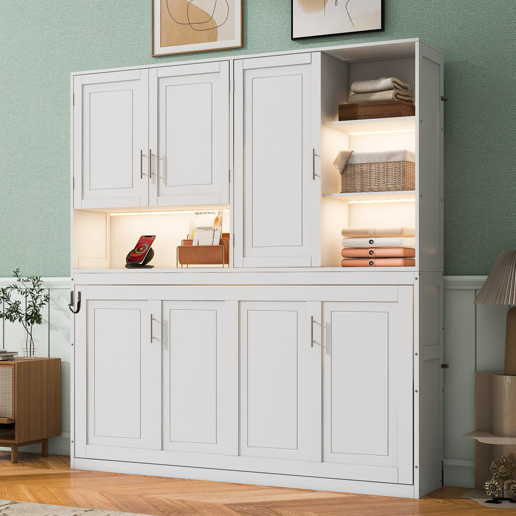 DNYN Twin Size Murphy Bed with Top Cabinets and LED for Bedroom/Guest/Study Room, Foldable Wall Bed Frame with USB and Storage Shelves, Space-Saving & No Box Spring Needed